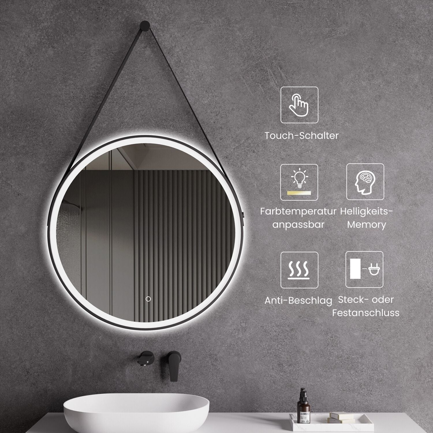 Miroir LED avec chauffage, Ø 60 ou 80 cm, noir mat, réglage lumière chaude/froide, miroir de salle de bain, boucle en cuir