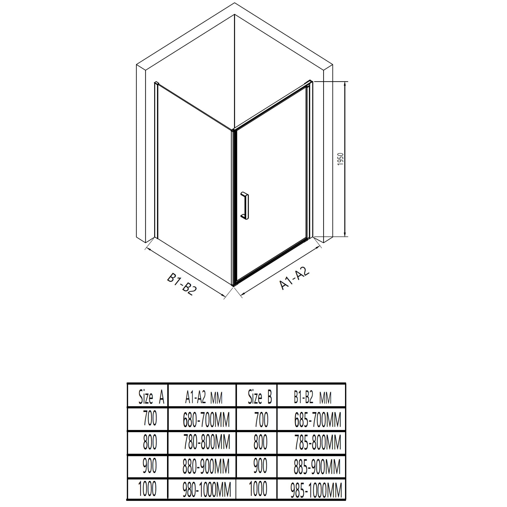 Box doccia ad angolo con porta a battente – Vetro di sicurezza 8 mm, profilo cromato, diverse misure