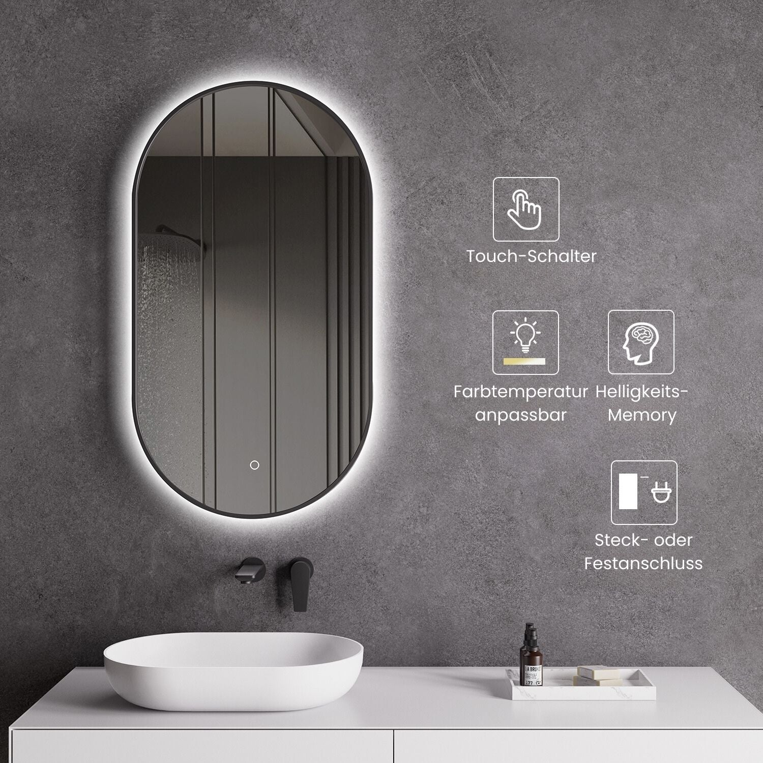 Ovalný LED zrkadlový ohrievač, veľkosti 40x60 alebo 55x100, matná čierna, nastavenie teplého/chladného svetla, kúpeľňové zrkadlo