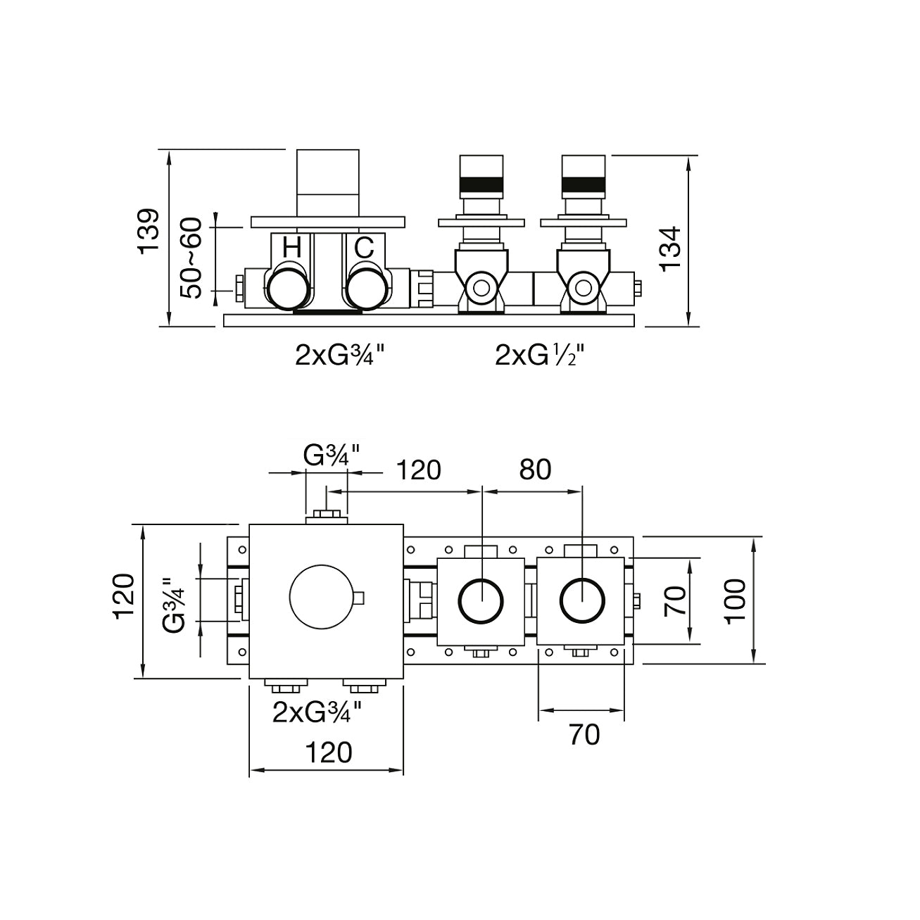 Robinetterie thermostatique encastrée Soho à 2 voies