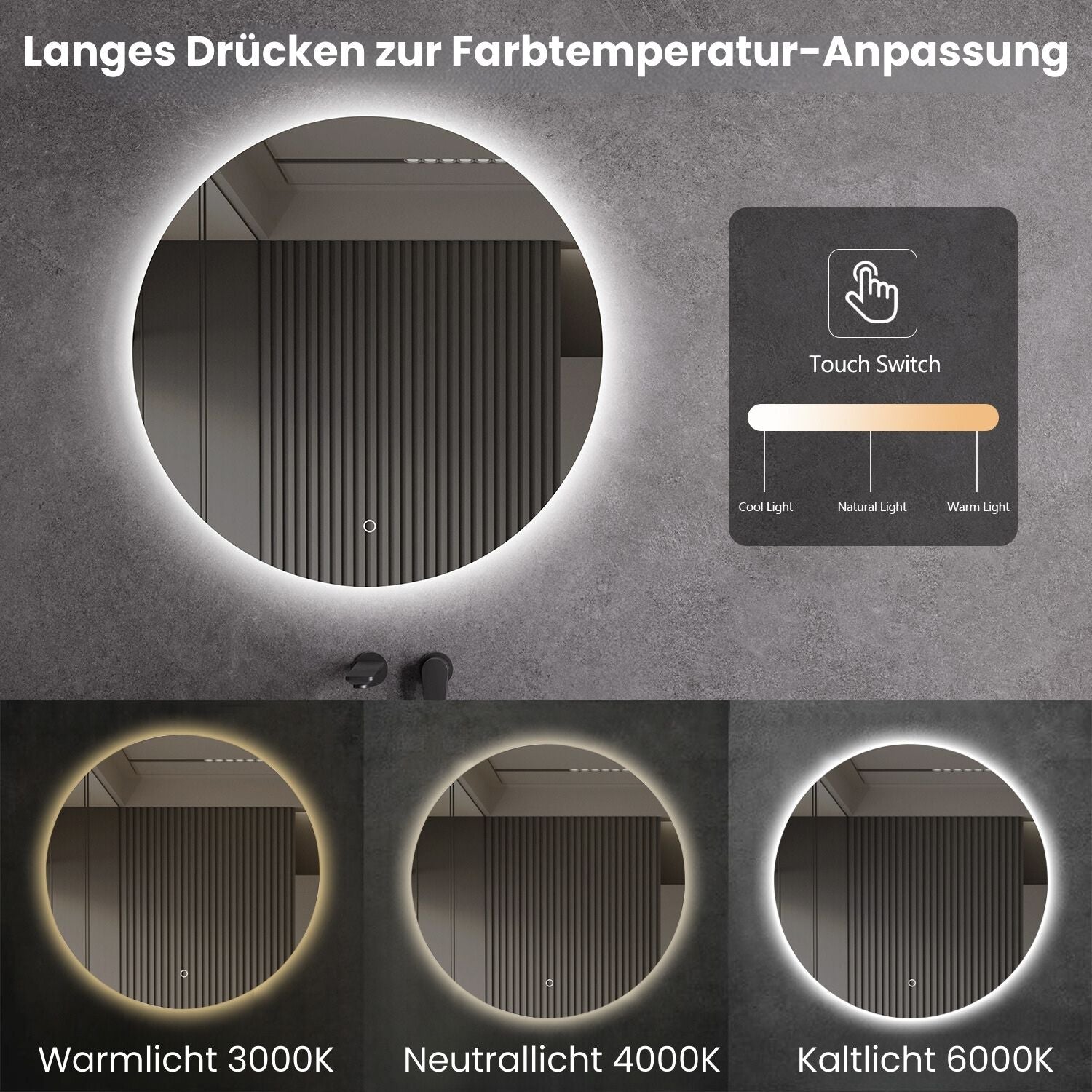 LED Spiegel Ø 60/80/100 cm mit Spiegelheizung Warm-/Kaltlichteinstellung Badspiegel