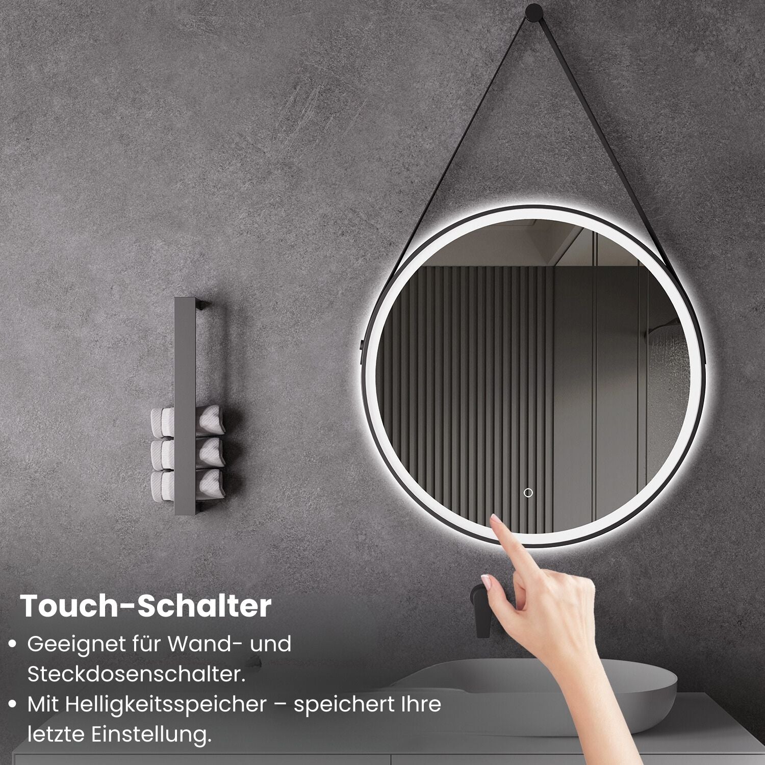 Miroir LED avec chauffage, Ø 60 ou 80 cm, noir mat, réglage lumière chaude/froide, miroir de salle de bain, boucle en cuir