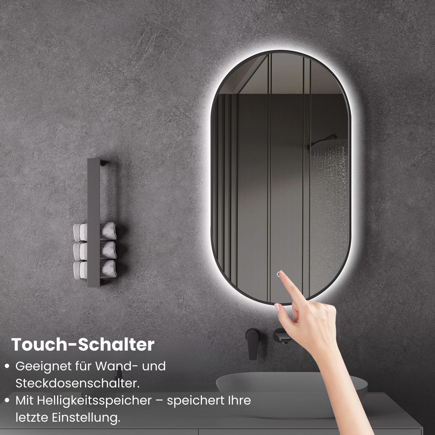 Ovalný LED zrkadlový ohrievač, veľkosti 40x60 alebo 55x100, matná čierna, nastavenie teplého/chladného svetla, kúpeľňové zrkadlo