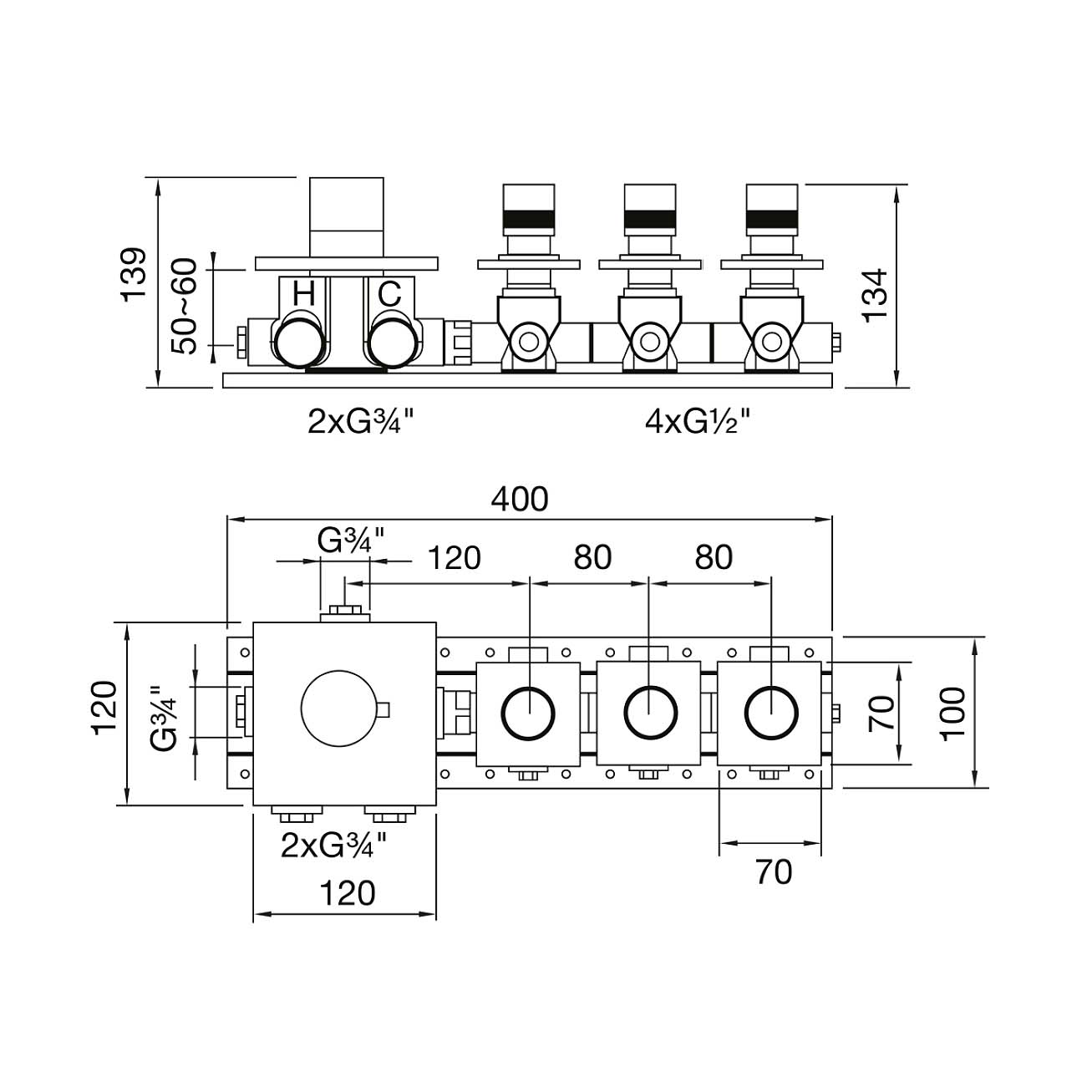 Soho 3 Wege Unterputz Thermostat Armatur