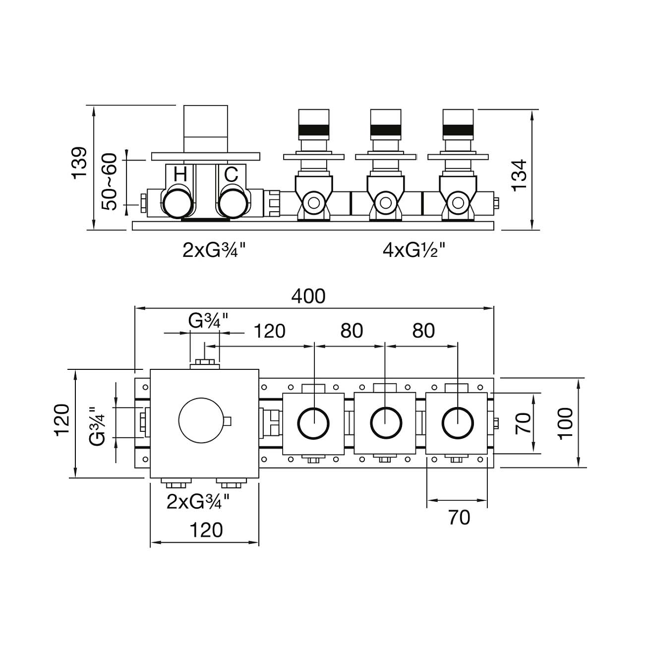 Mitigeur thermostatique encastré Soho 3 voies