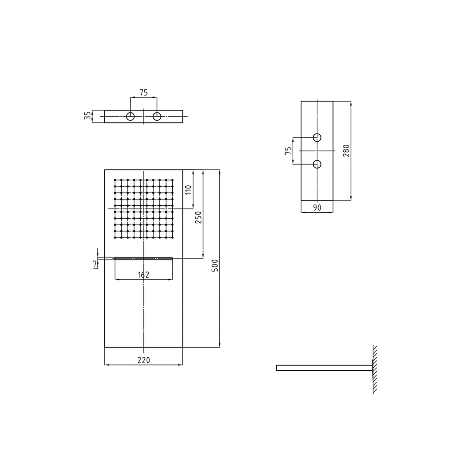 Plano acotado rociador de lluvia mural SP-W01, 220 x 500 mm