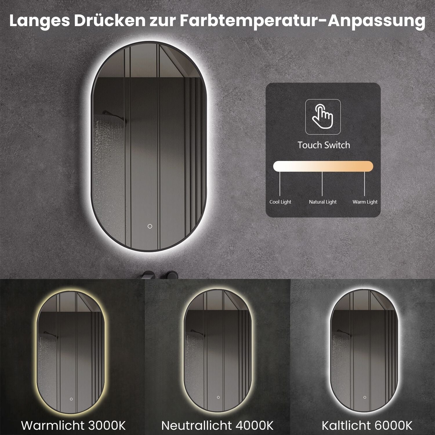 Ovalný LED zrkadlový ohrievač, veľkosti 40x60 alebo 55x100, matná čierna, nastavenie teplého/chladného svetla, kúpeľňové zrkadlo