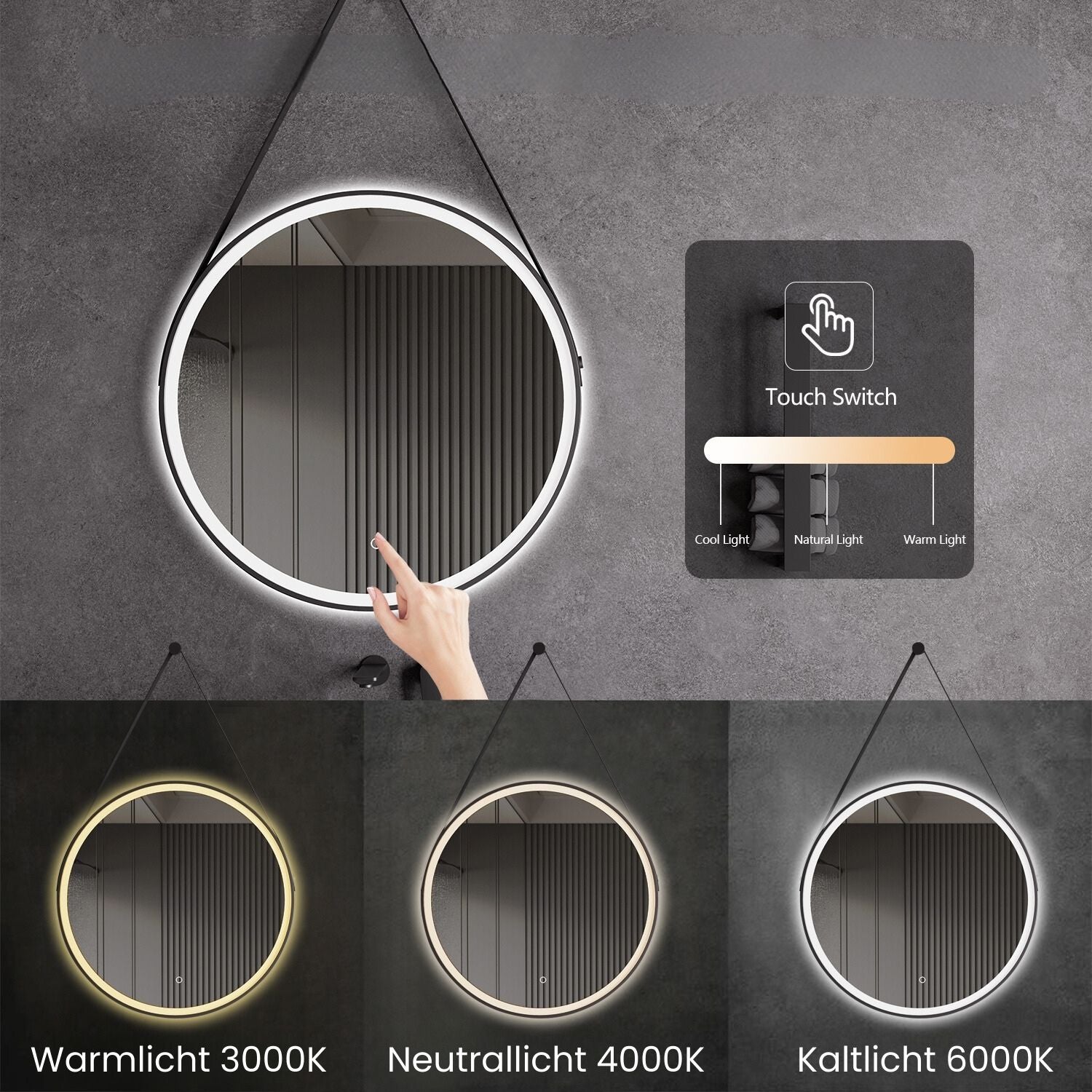 Miroir LED avec chauffage, Ø 60 ou 80 cm, noir mat, réglage lumière chaude/froide, miroir de salle de bain, boucle en cuir