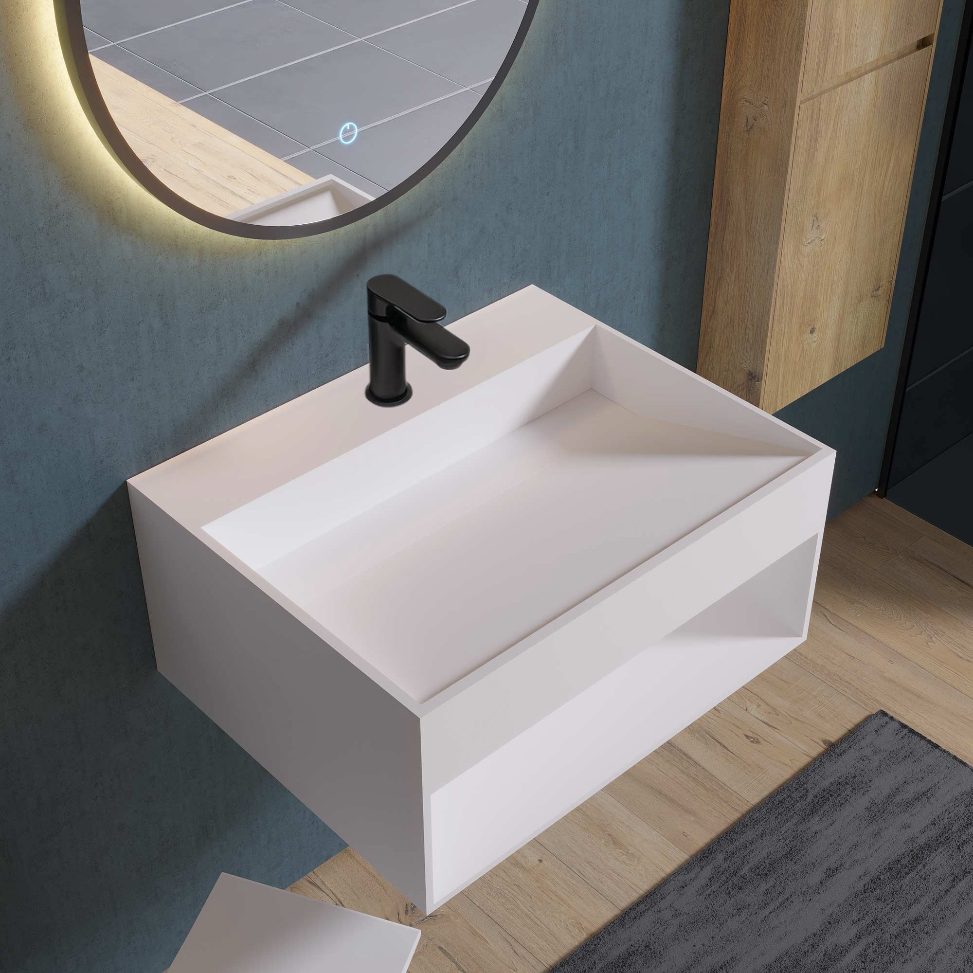 Stilform Wandwaschbecken 60x46x28 cm | Mineralguss mit Ablagefach | Weiß matt