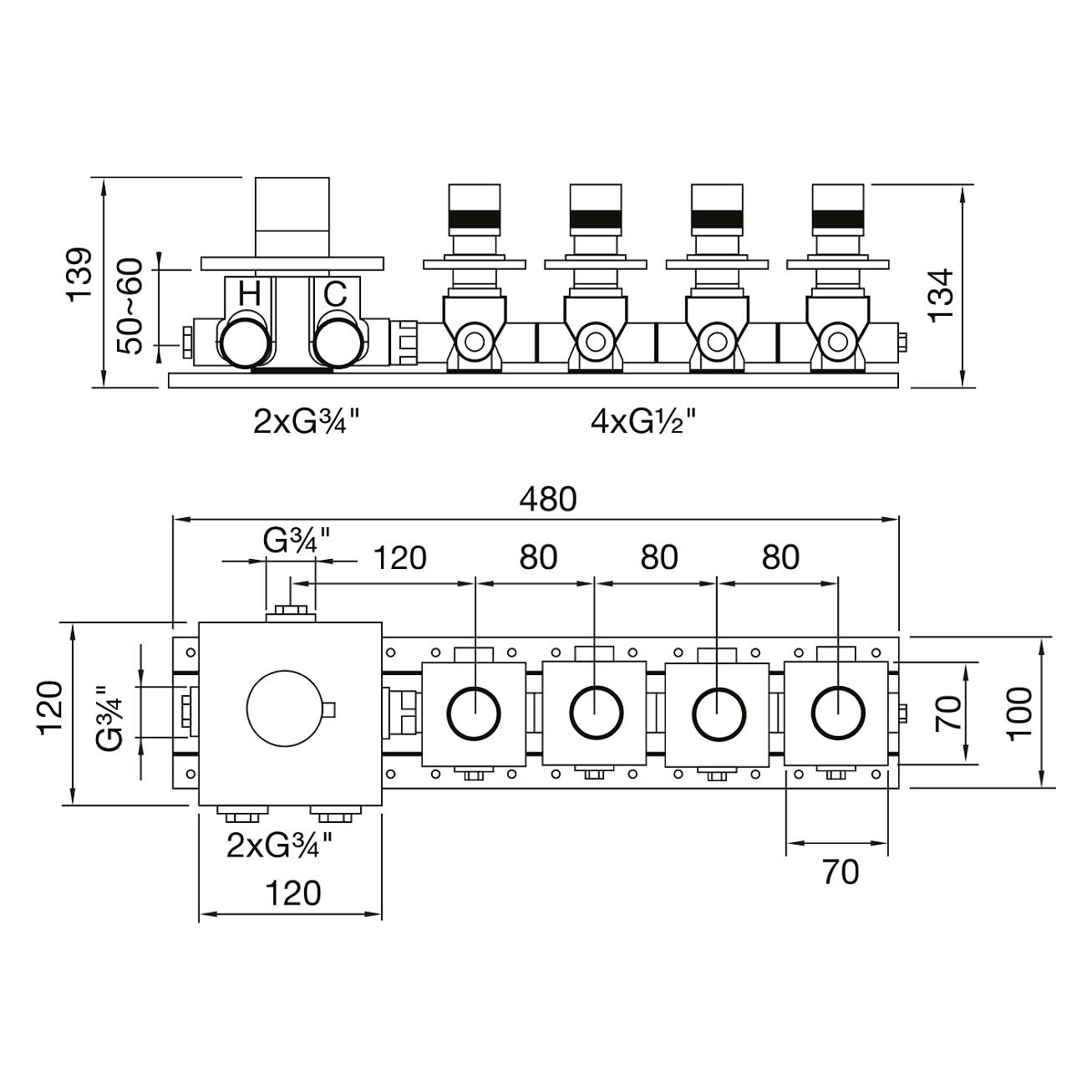 Mitigeur thermostatique encastré Soho 4 voies, corps d'encastrement inclus