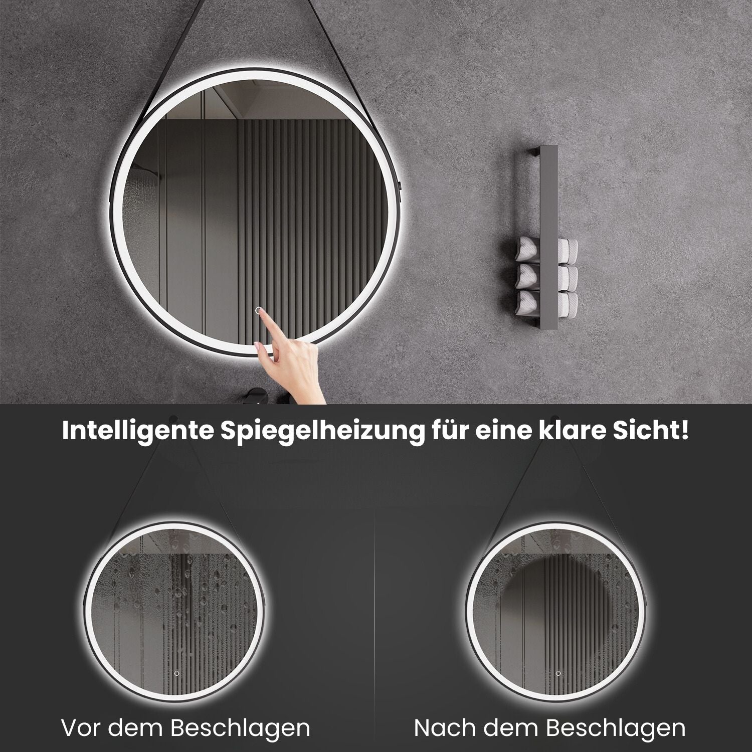 Miroir LED avec chauffage, Ø 60 ou 80 cm, noir mat, réglage lumière chaude/froide, miroir de salle de bain, boucle en cuir