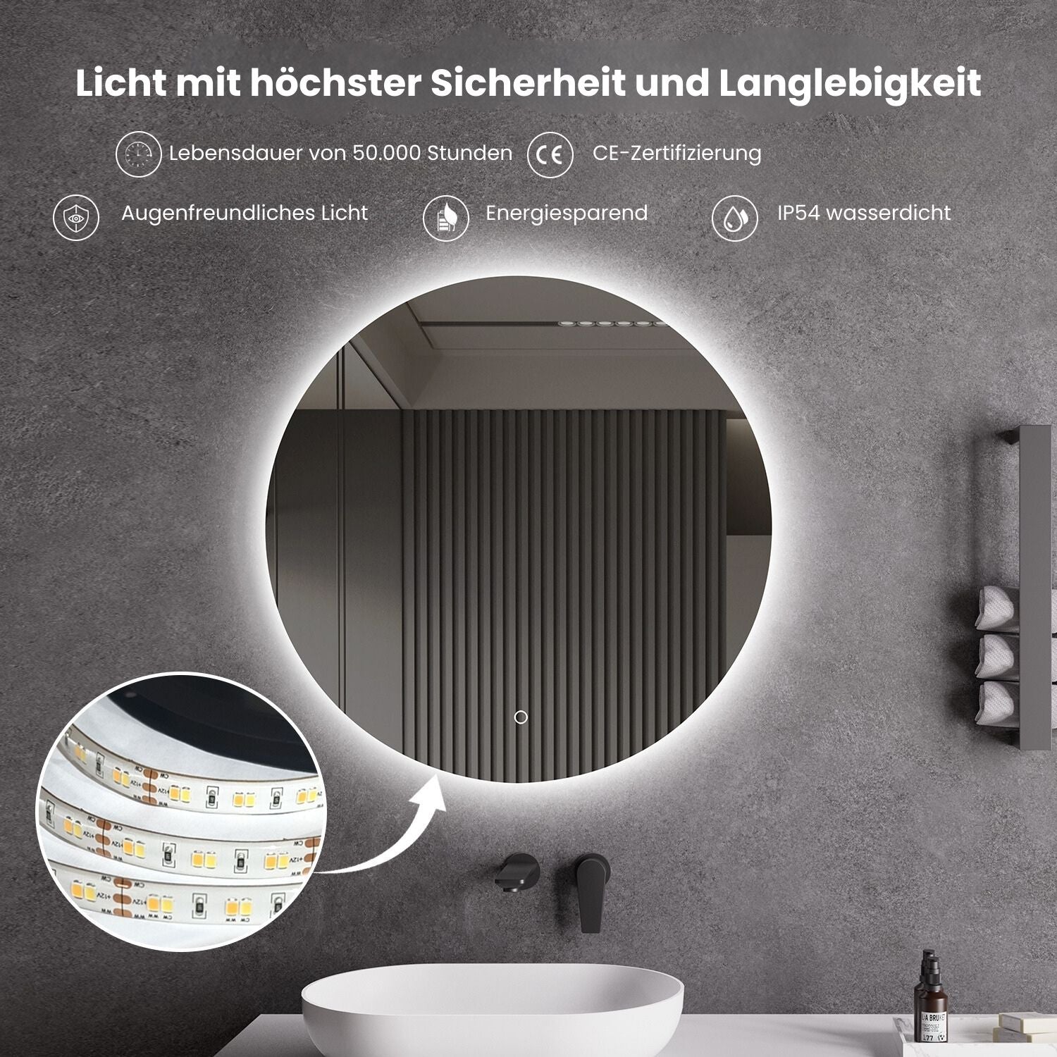 LED Spiegel Ø 60/80/100 cm mit Spiegelheizung Warm-/Kaltlichteinstellung Badspiegel