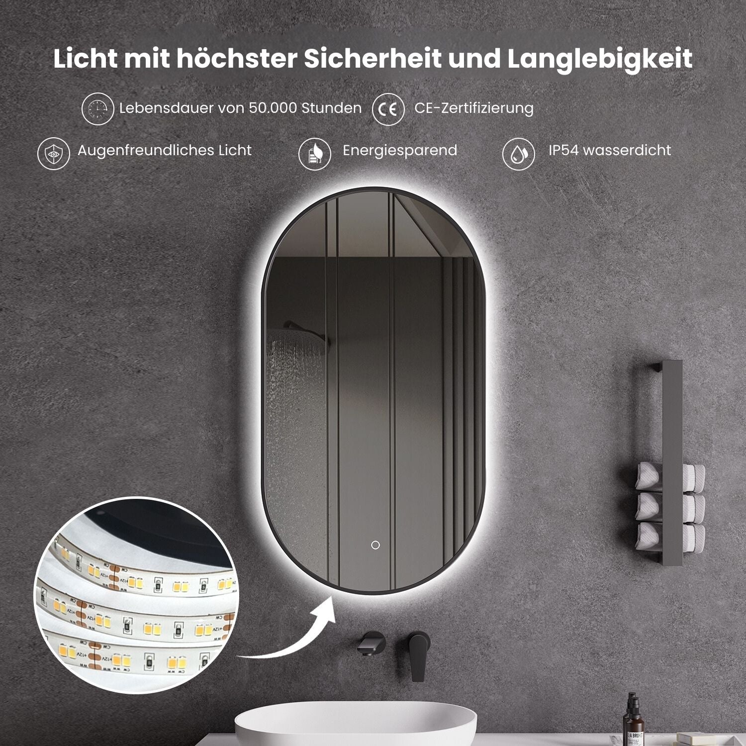 Ovalný LED zrkadlový ohrievač, veľkosti 40x60 alebo 55x100, matná čierna, nastavenie teplého/chladného svetla, kúpeľňové zrkadlo