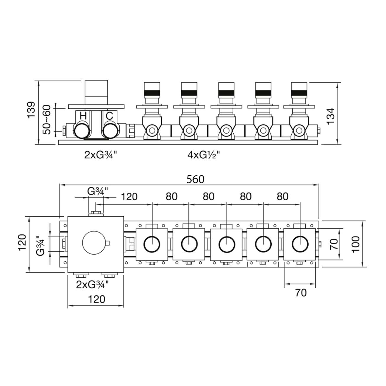 Mitigeur thermostatique encastré Soho 5 voies, corps d'encastrement inclus