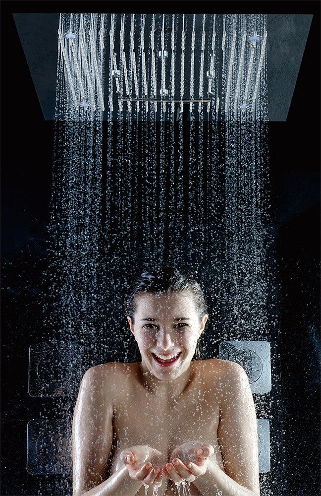 Pomme de douche Soho 80x80 LED effet cascade et brume avec cadre d'encastrement