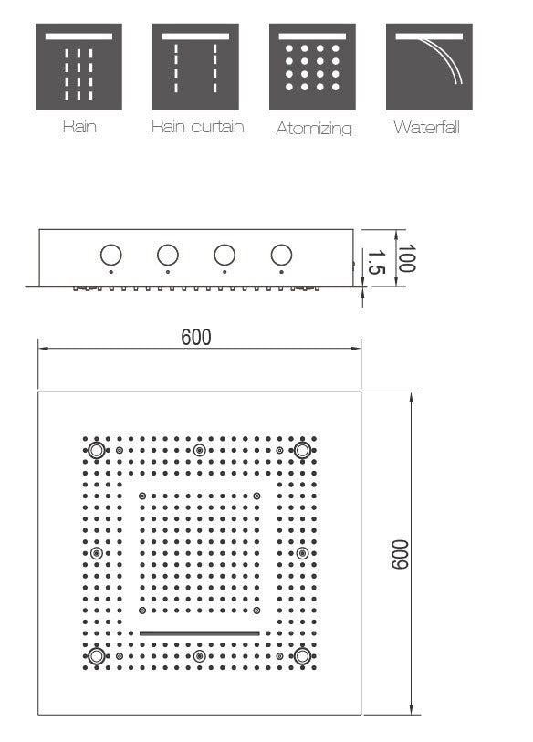 Douche de plafond Soho 60x60 LED avec cascade et effet brouillard, cadre encastrable