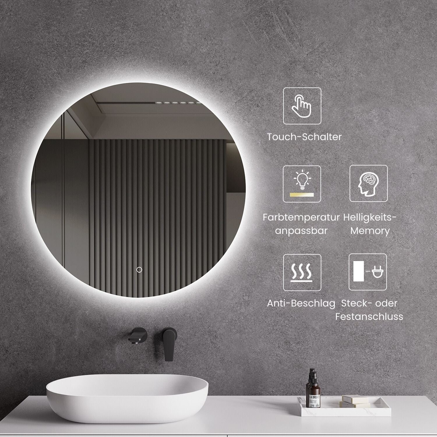 LED Spiegel Ø 60/80/100 cm mit Spiegelheizung Warm-/Kaltlichteinstellung Badspiegel