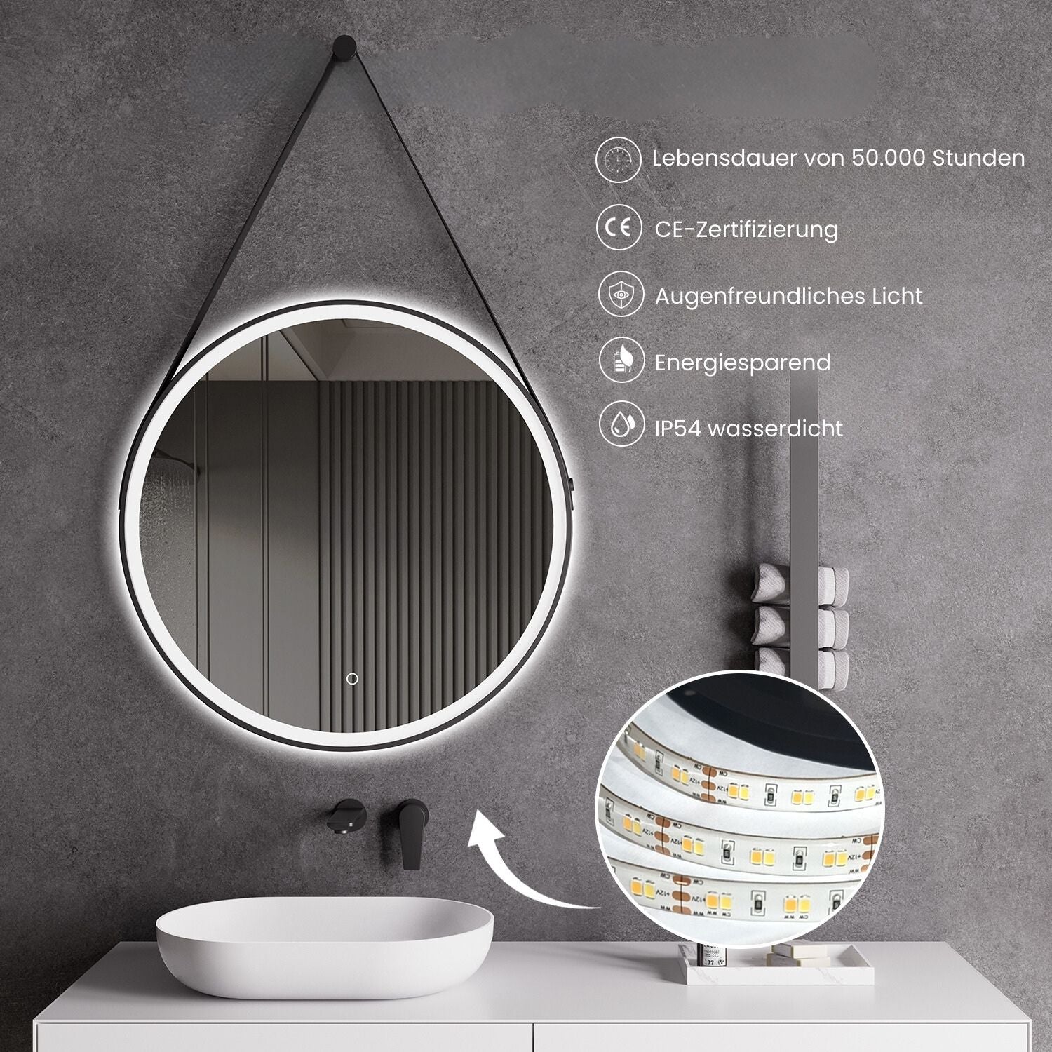Miroir LED avec chauffage, Ø 60 ou 80 cm, noir mat, réglage lumière chaude/froide, miroir de salle de bain, boucle en cuir