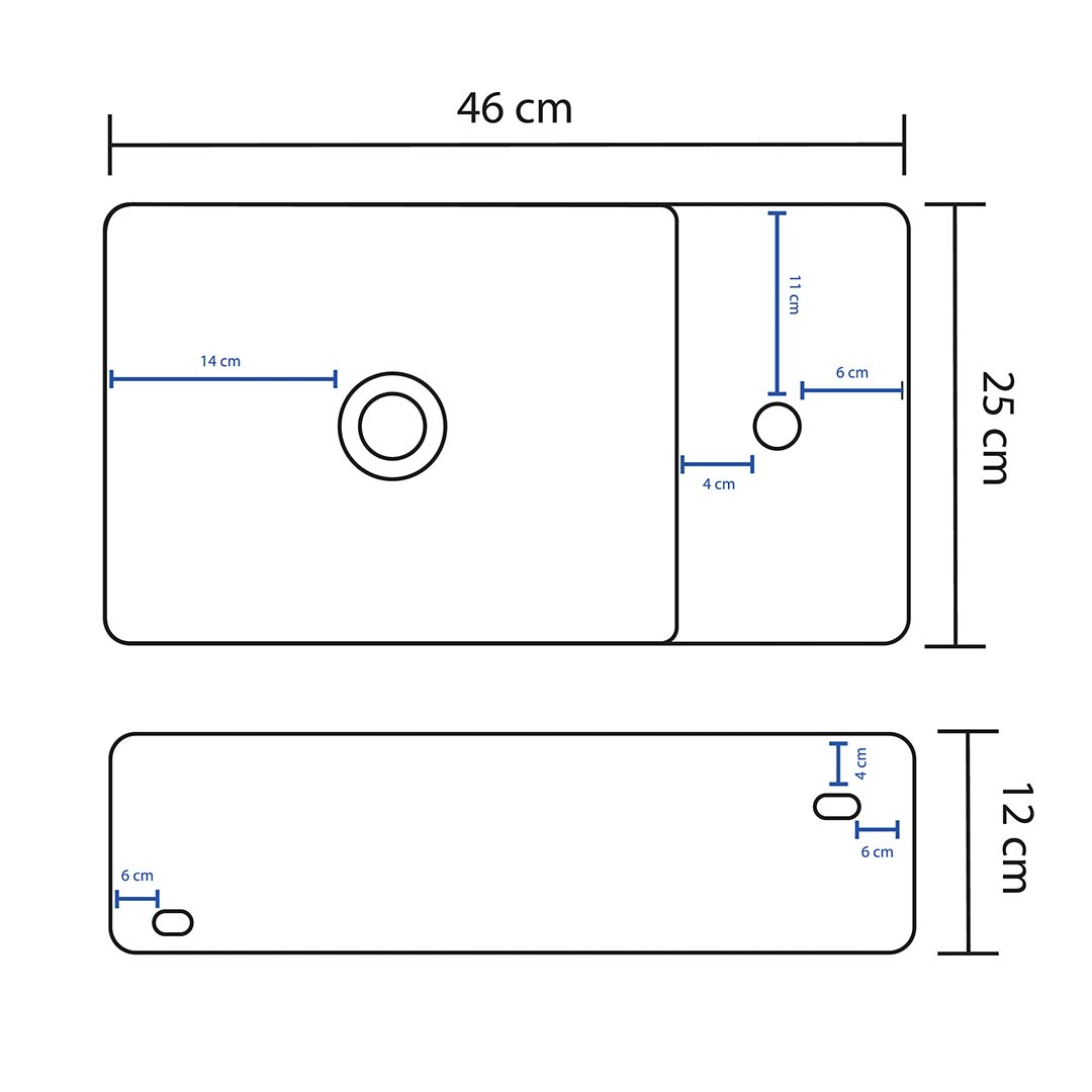 Lavabo WC d'invités SOHO 2.0 en céramique fine, dimensions 46 x 25 x 12 cm, pour montage mural ou utilisation comme vasque à poser avec trou pour robinet