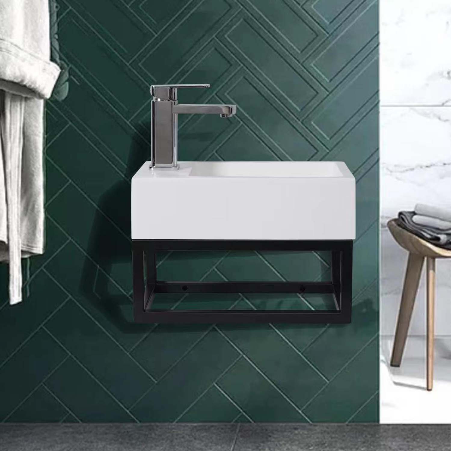 STILFORM Gäste WC Waschbecken Soho Industrial Design aus Mineralguss mit Metallgestell Schwarz Matt mit Hahnloch