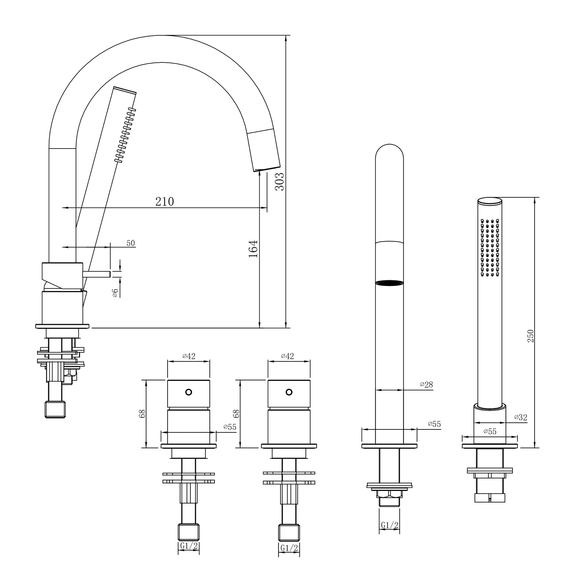Stilform Mitigeur de bord de baignoire 4 trous Park - Acier inoxydable 304 - Chrome ou Noir Mat