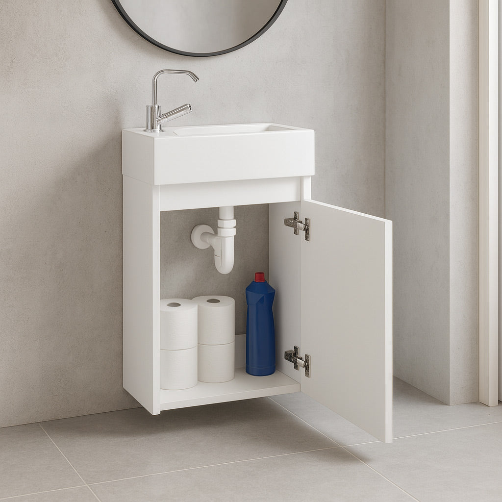 Toilette per gli ospiti, mobile da bagno, lavabo con mobile base, lavabo