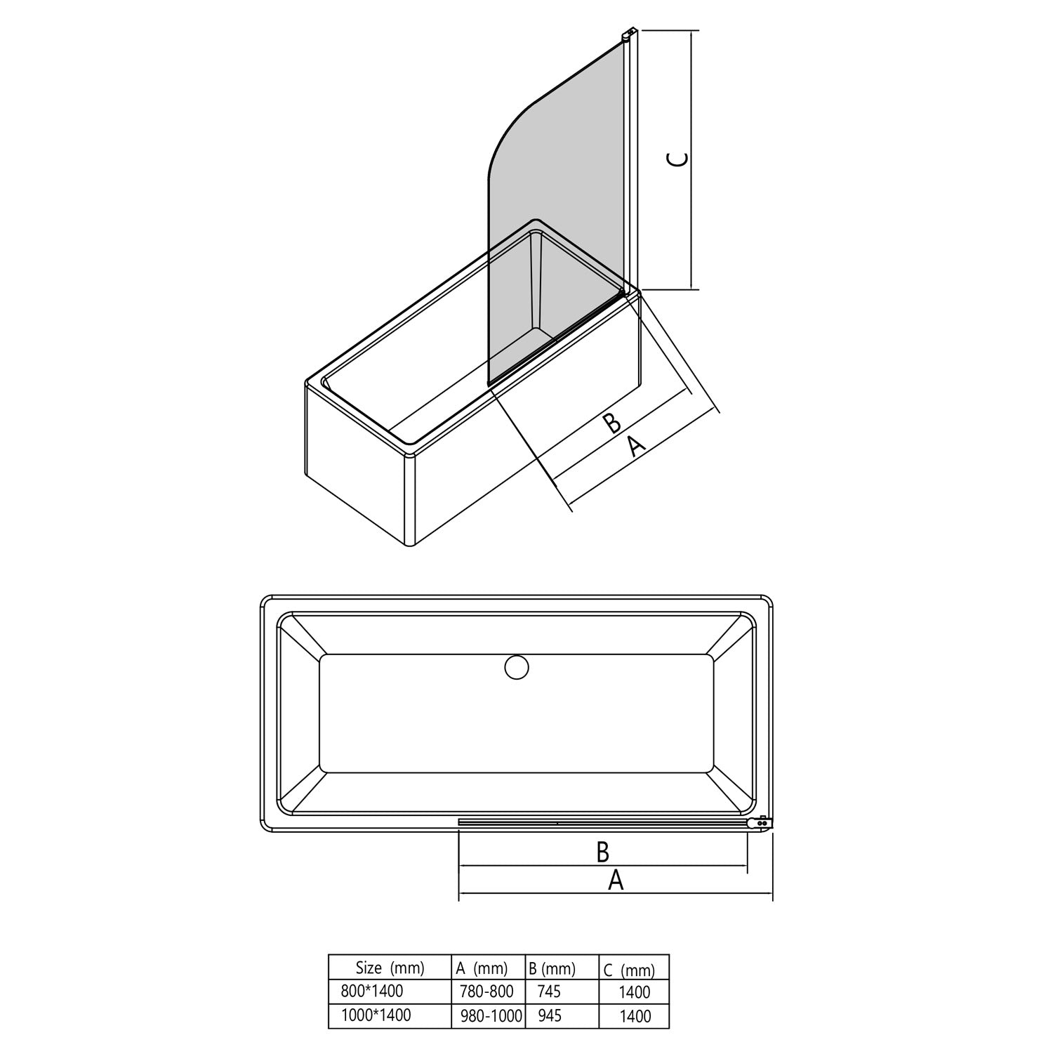 Parete vasca in vetro, schermo doccia cromato 80x140 o 100x140