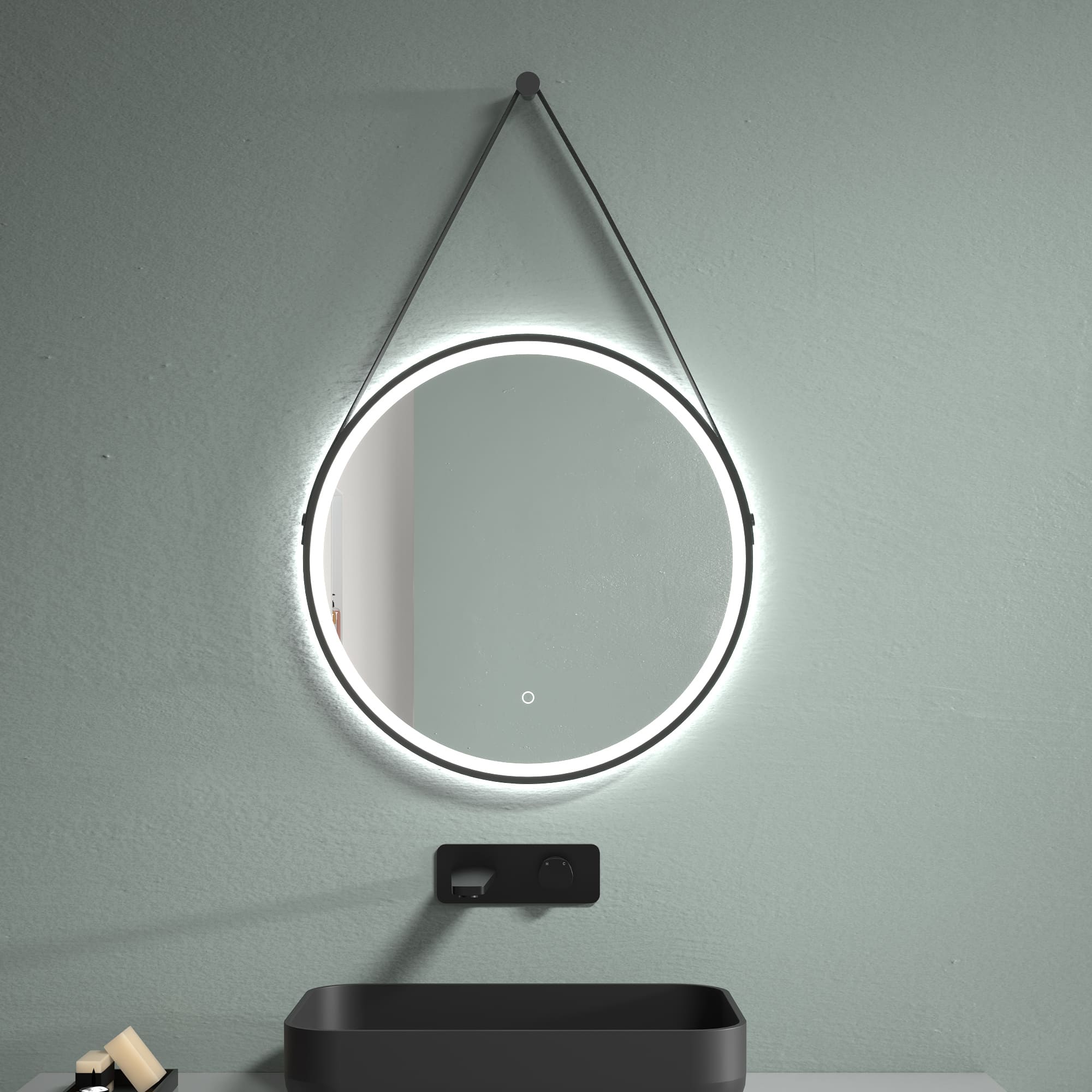 LED Spiegel Antifrost Ø 60 oder 80 Schwarz Matt Warm-/Kaltlichteinstellung Badspiegel Lederschleife