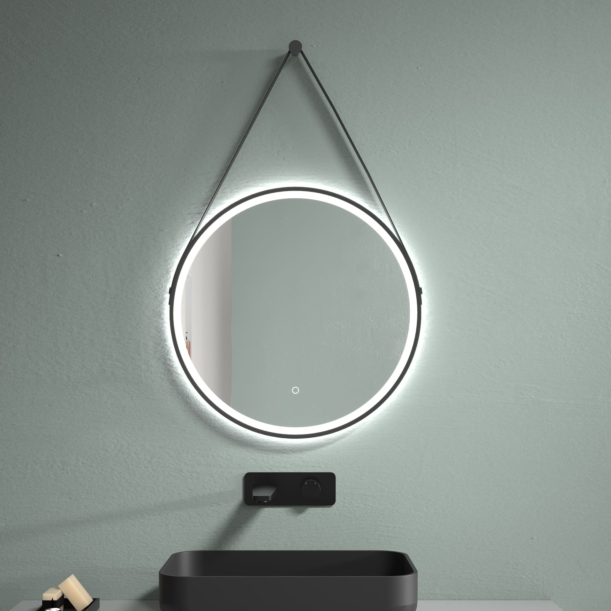 Miroir LED avec chauffage, Ø 60 ou 80 cm, noir mat, réglage lumière chaude/froide, miroir de salle de bain, boucle en cuir