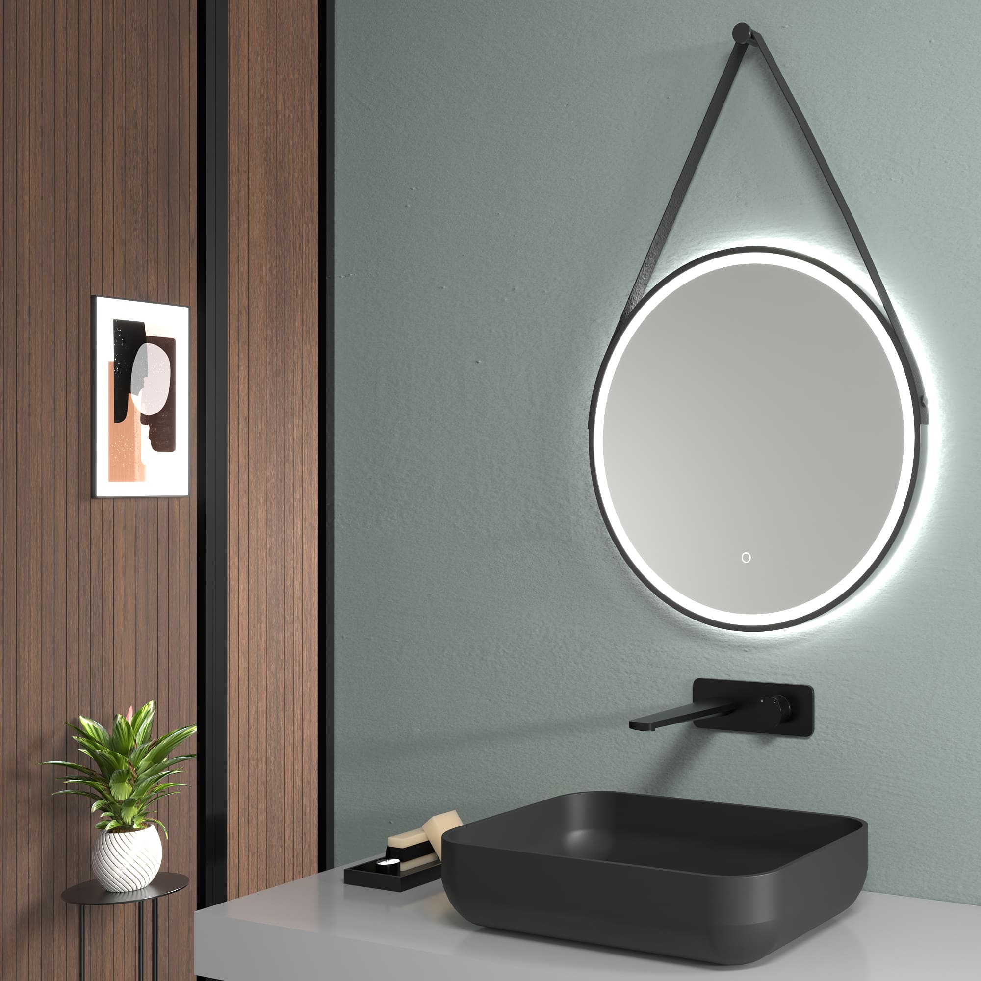 Miroir LED avec chauffage, Ø 60 ou 80 cm, noir mat, réglage lumière chaude/froide, miroir de salle de bain, boucle en cuir