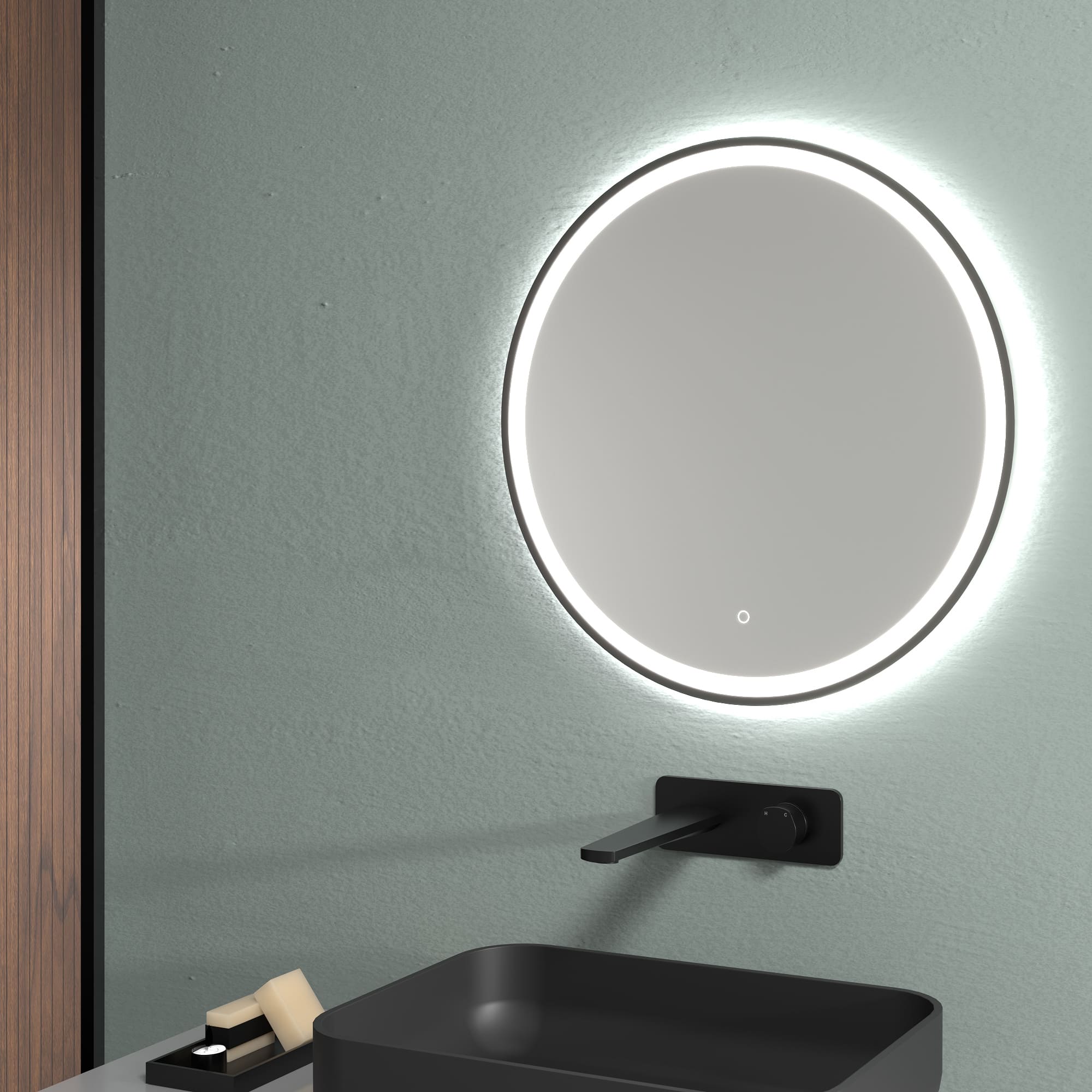 LED Spiegel mit Spiegelheizung Ø 60, 80, 100 cm Schwarz Matt Warm-/Kaltlichteinstellung Badspiegel