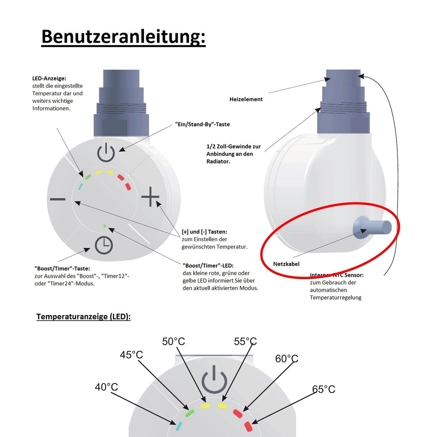 Smart Plus Heating Cartridge 600 Watt Chrome for Towel Radiator Heating Rod