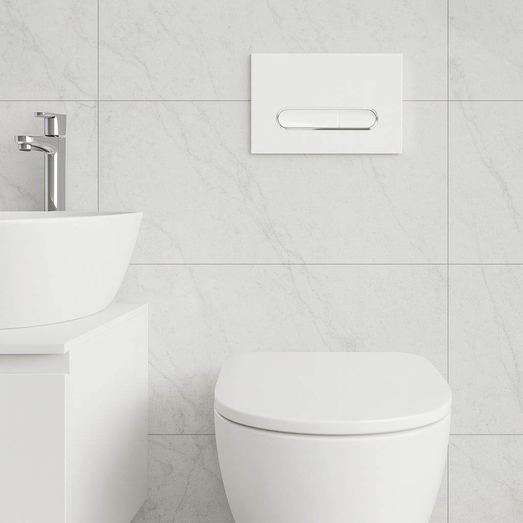 Drückerplatte Weiß Glanz mit Chrom Umrandung Kompatibel zu Geberit Duofix Sigma / DELTA 2 Mengenspülung