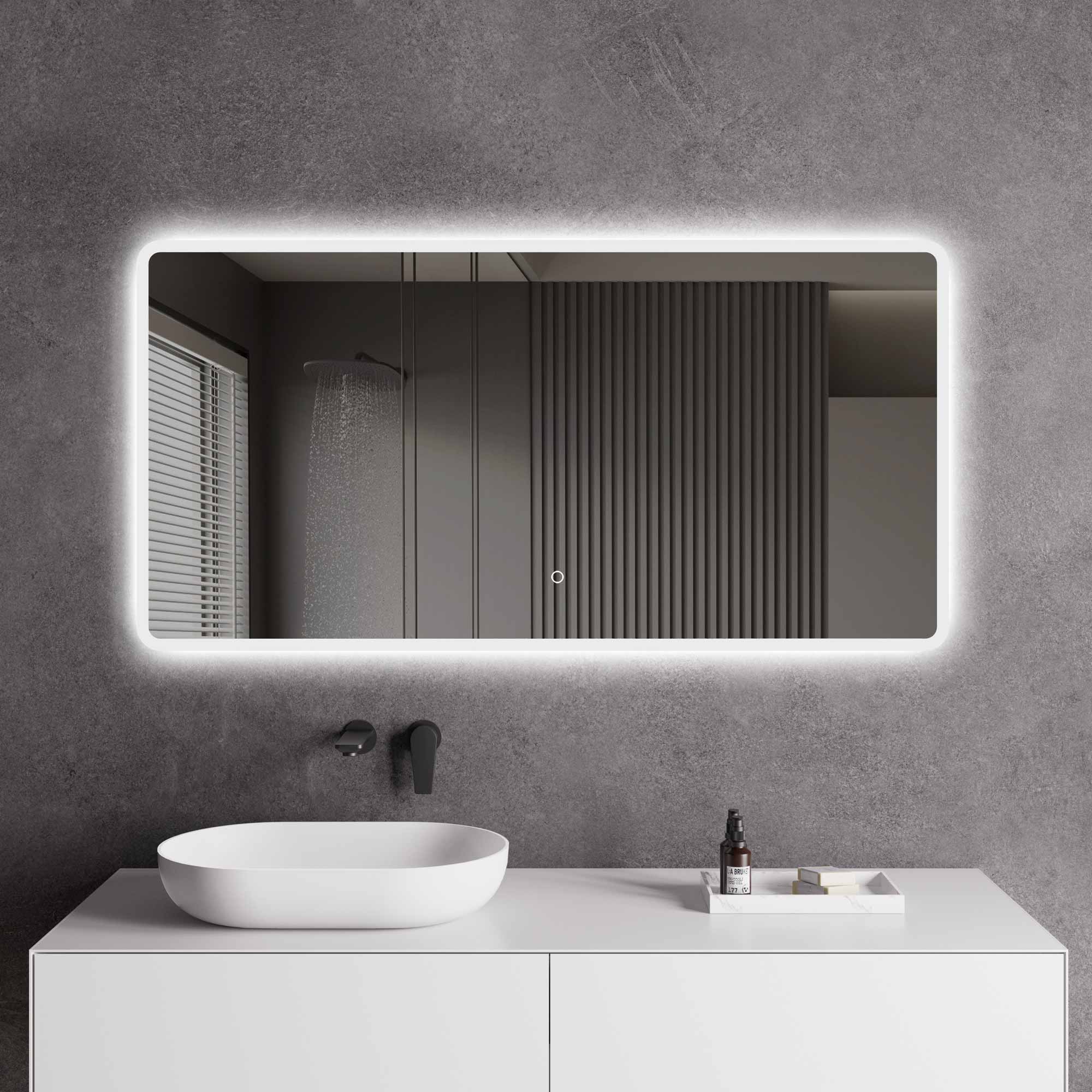LED-Badspiegel | Vorder- & Hintergrundbeleuchtung | dimmbares Licht | Touch-Sensor & Spiegelheizung | Größe wählbar