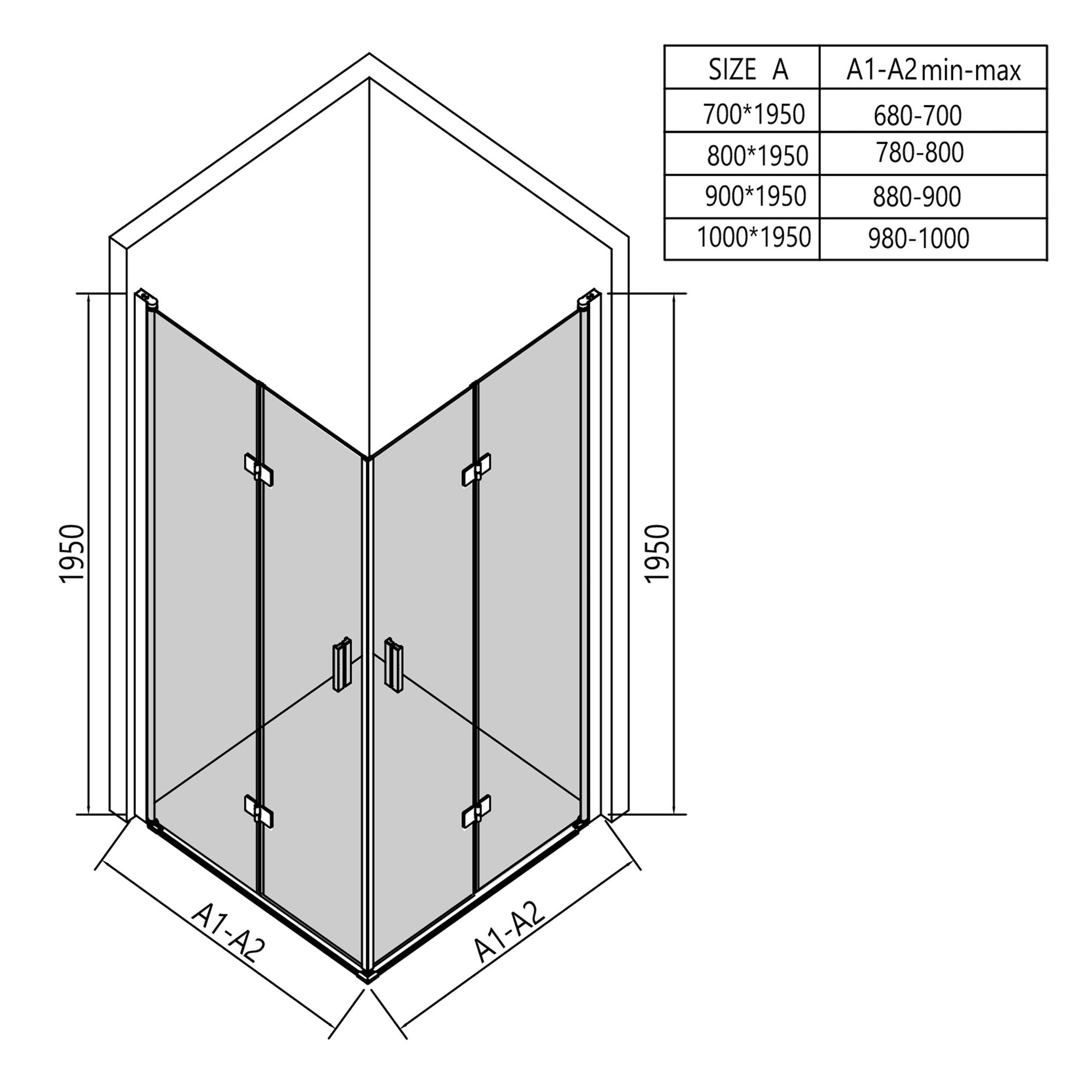 Cabina doccia angolare con porte girevoli – vetro di sicurezza da 8 mm in cromo, varie dimensioni