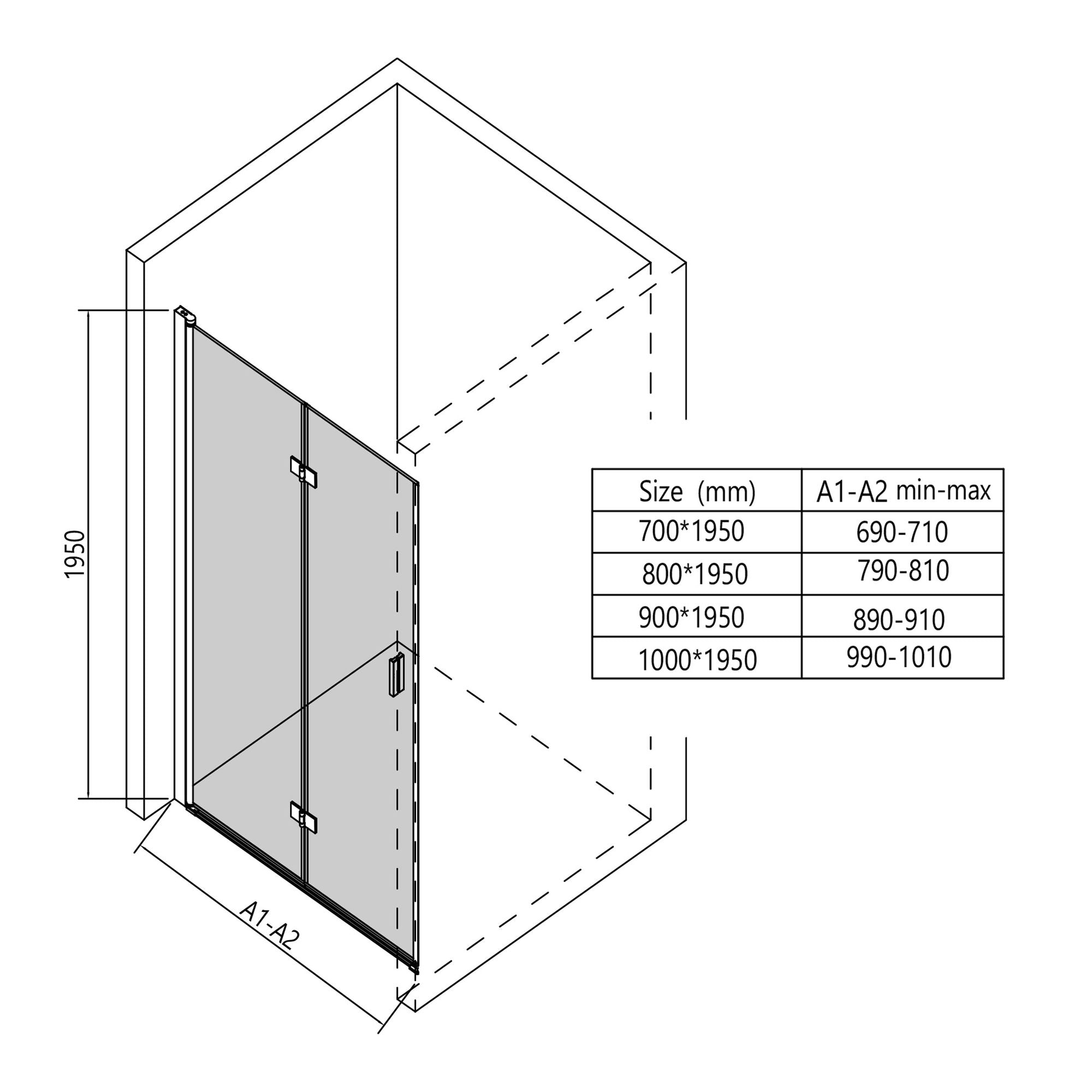 Corner shower enclosure with pivot door – 8 mm safety glass in chrome, various sizes