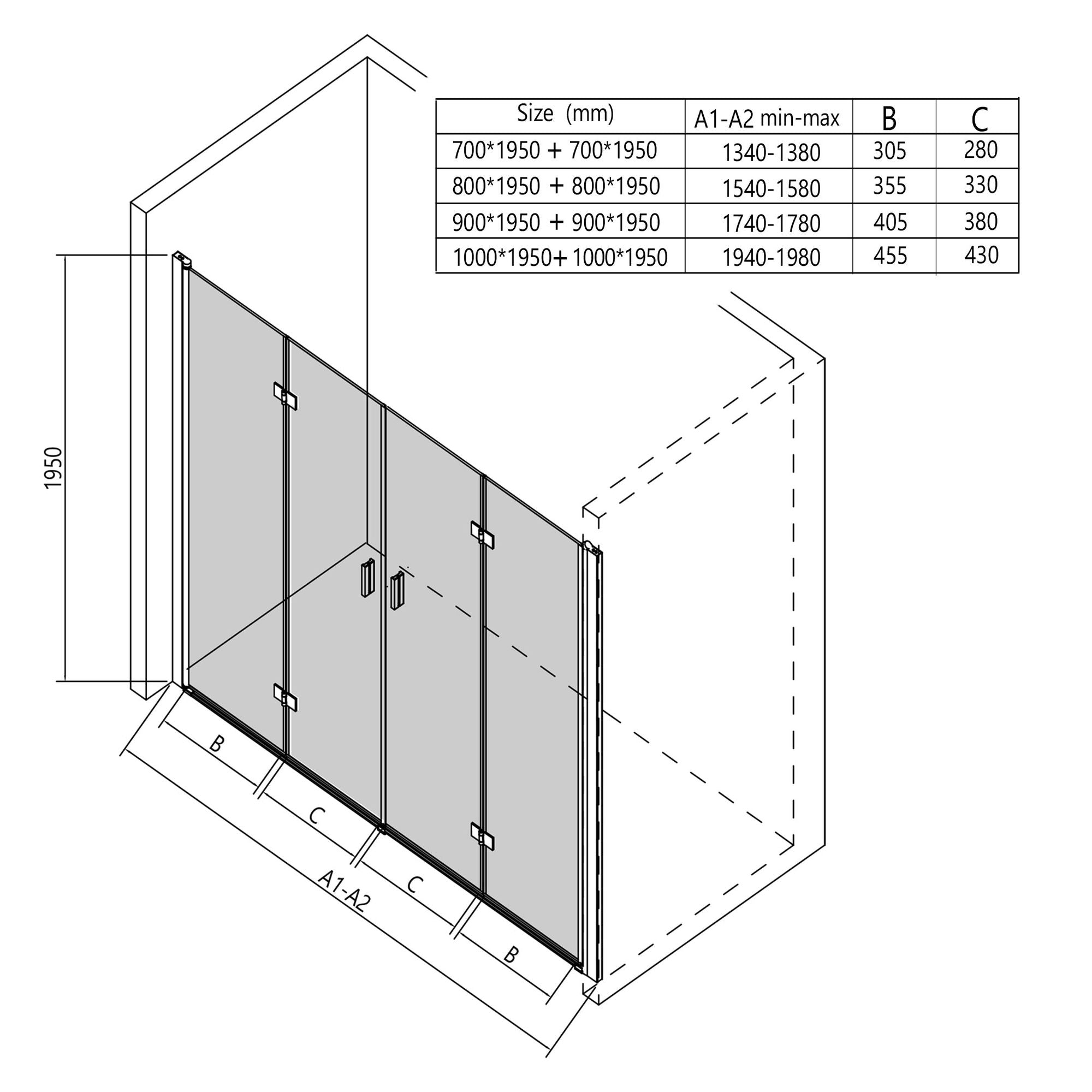 Corner shower enclosure with pivot door – 8 mm safety glass in chrome, various sizes