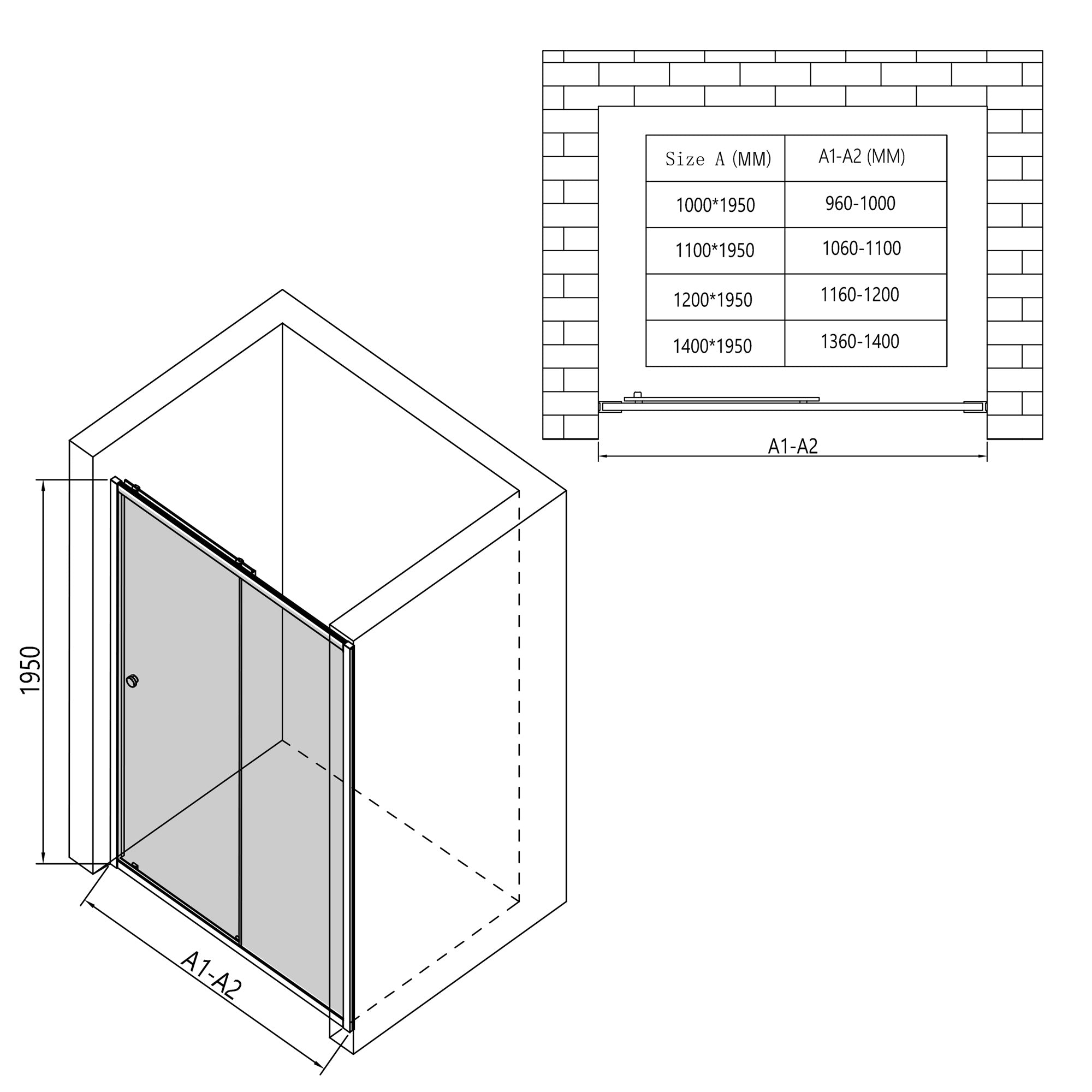 Nischendusche mit Schiebetür - 6 mm Sicherheitsglas in Chrom, versch. Größen (ELD506)