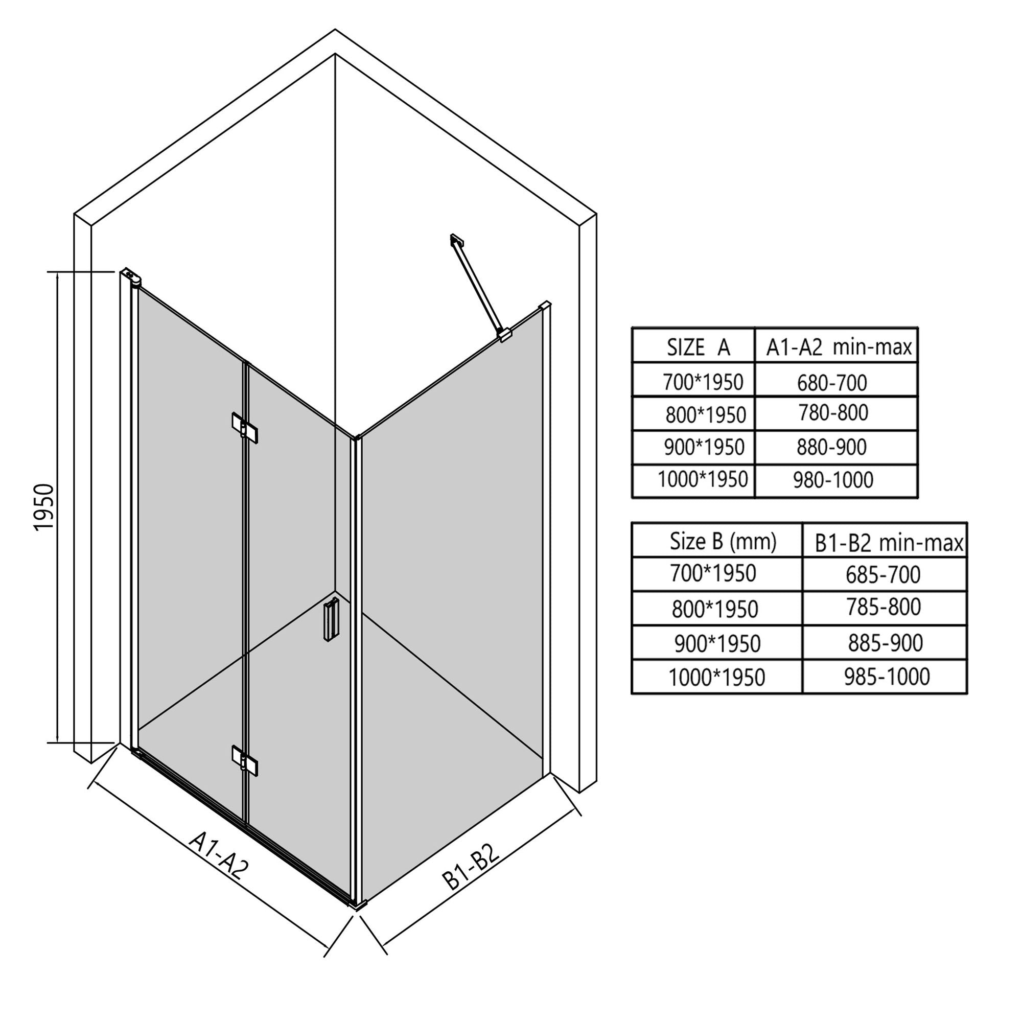 Corner shower enclosure with fixed glass panel and pivot door