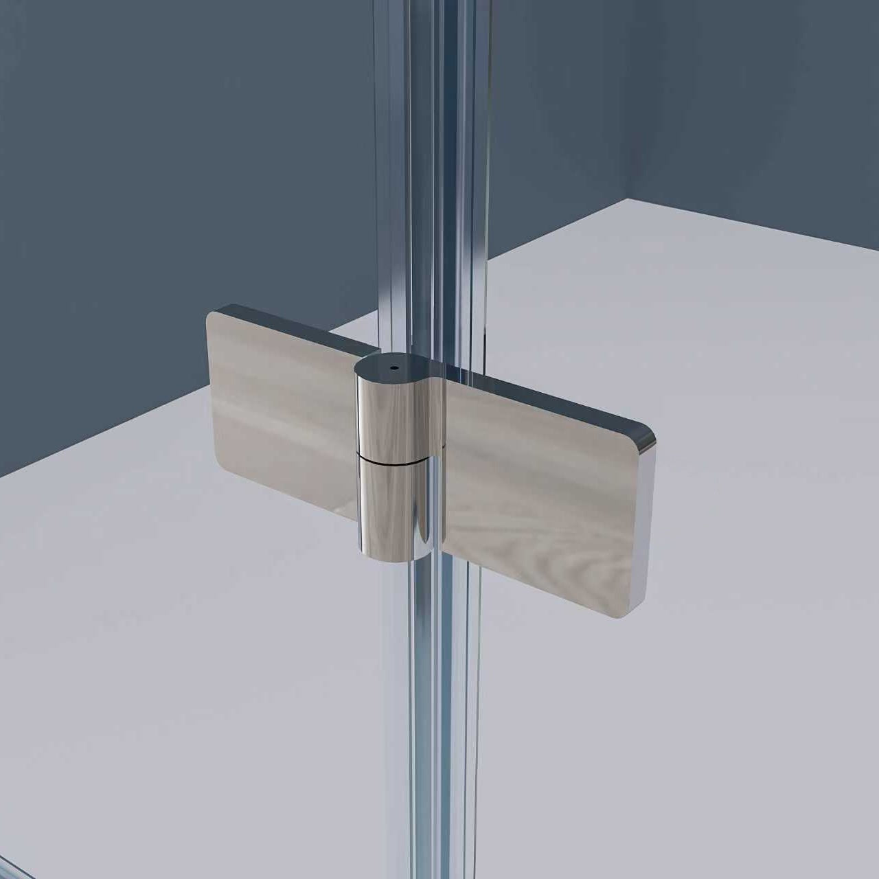 Corner shower enclosure with fixed glass panel and pivot door