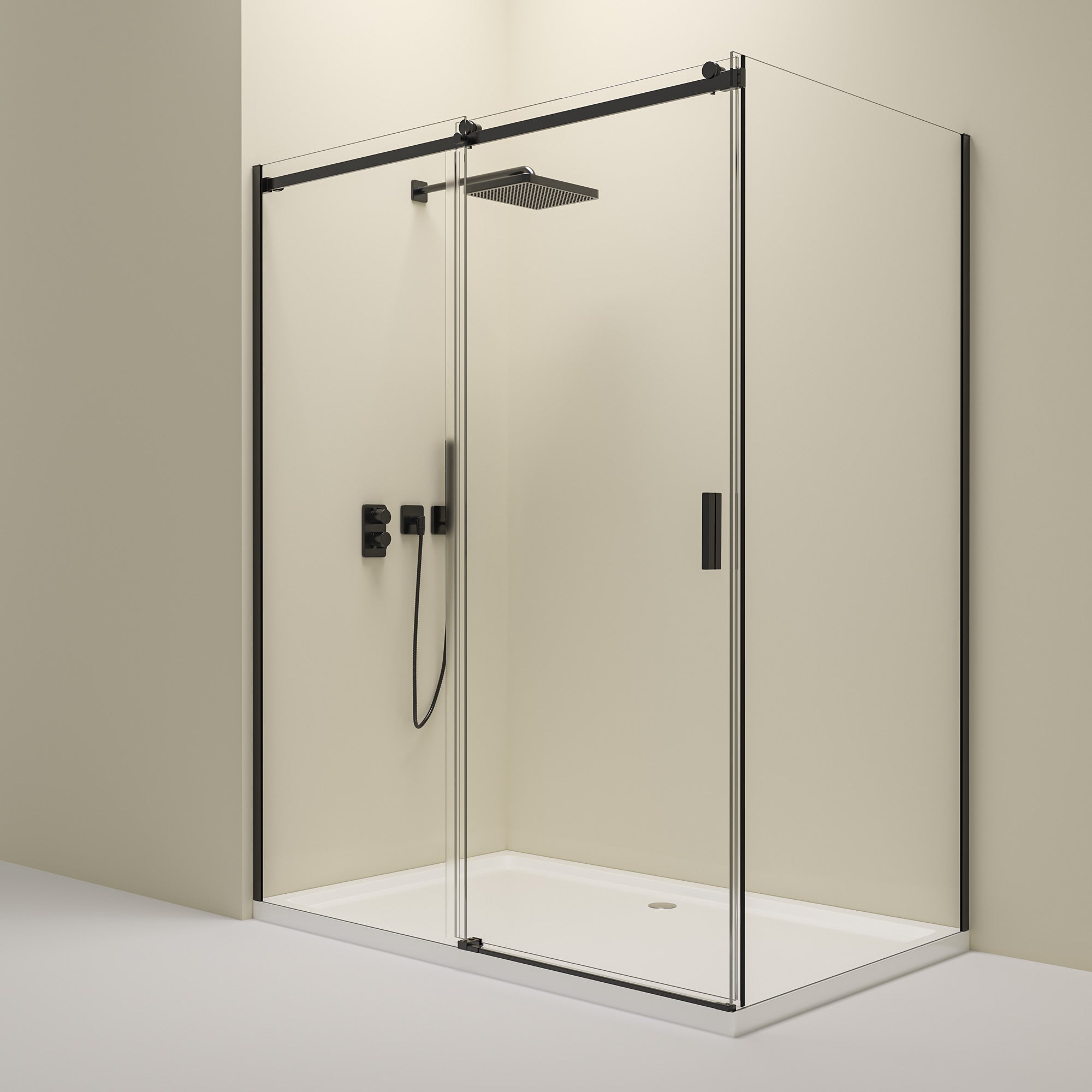 Rohová sprchová kabína s posuvnými dverami – 8 mm bezpečnostné sklo / Matná čierna