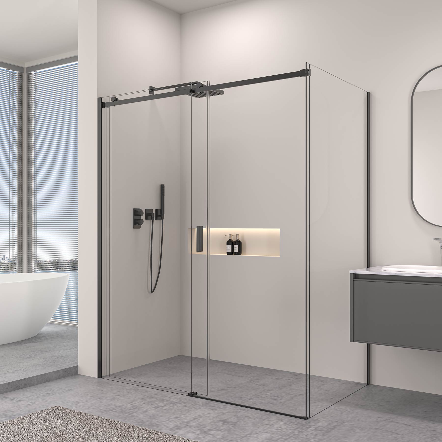 Rohová sprchová kabína s posuvnými dverami – 8 mm bezpečnostné sklo / Matná čierna