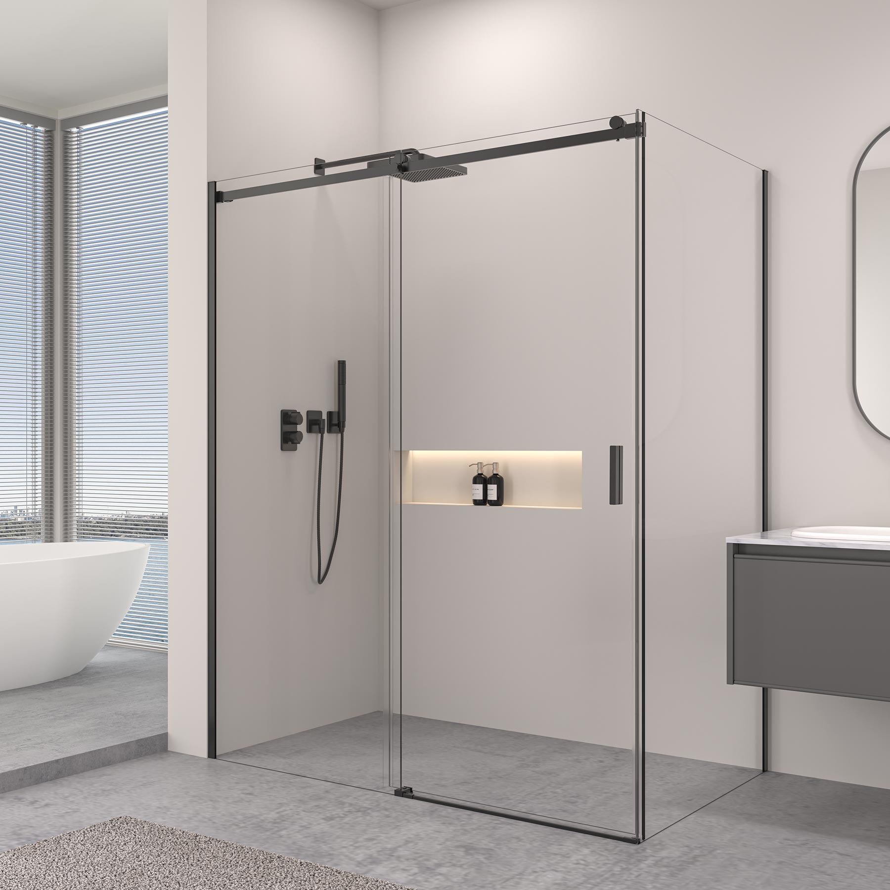 Rohová sprchová kabína s posuvnými dverami – 8 mm bezpečnostné sklo / Matná čierna