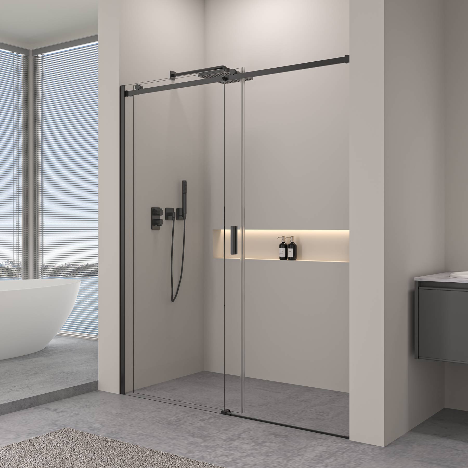 Sprchový kút s posuvnými dverami – 8 mm bezpečnostné sklo / Matná čierna
