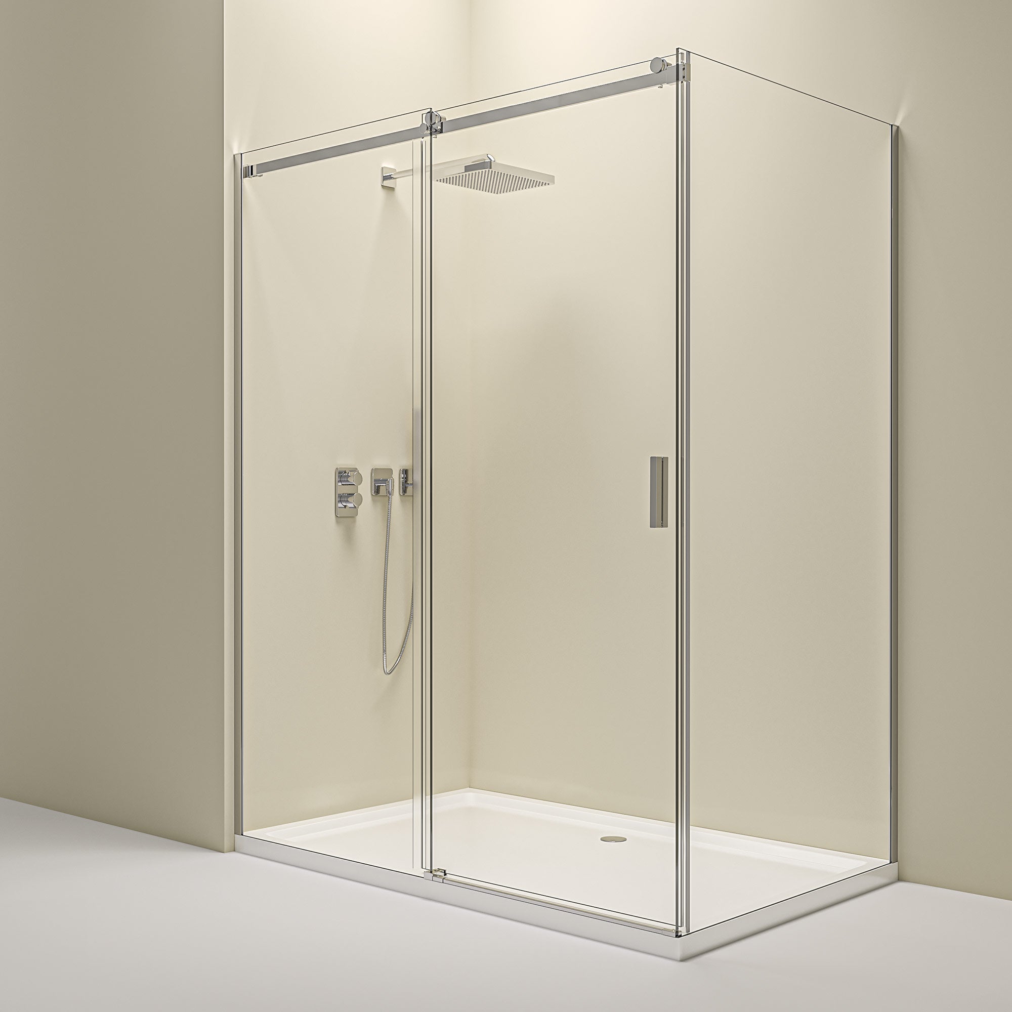 Rohová sprchová kabína s posuvnými dverami – 8 mm bezpečnostné sklo / Chrom