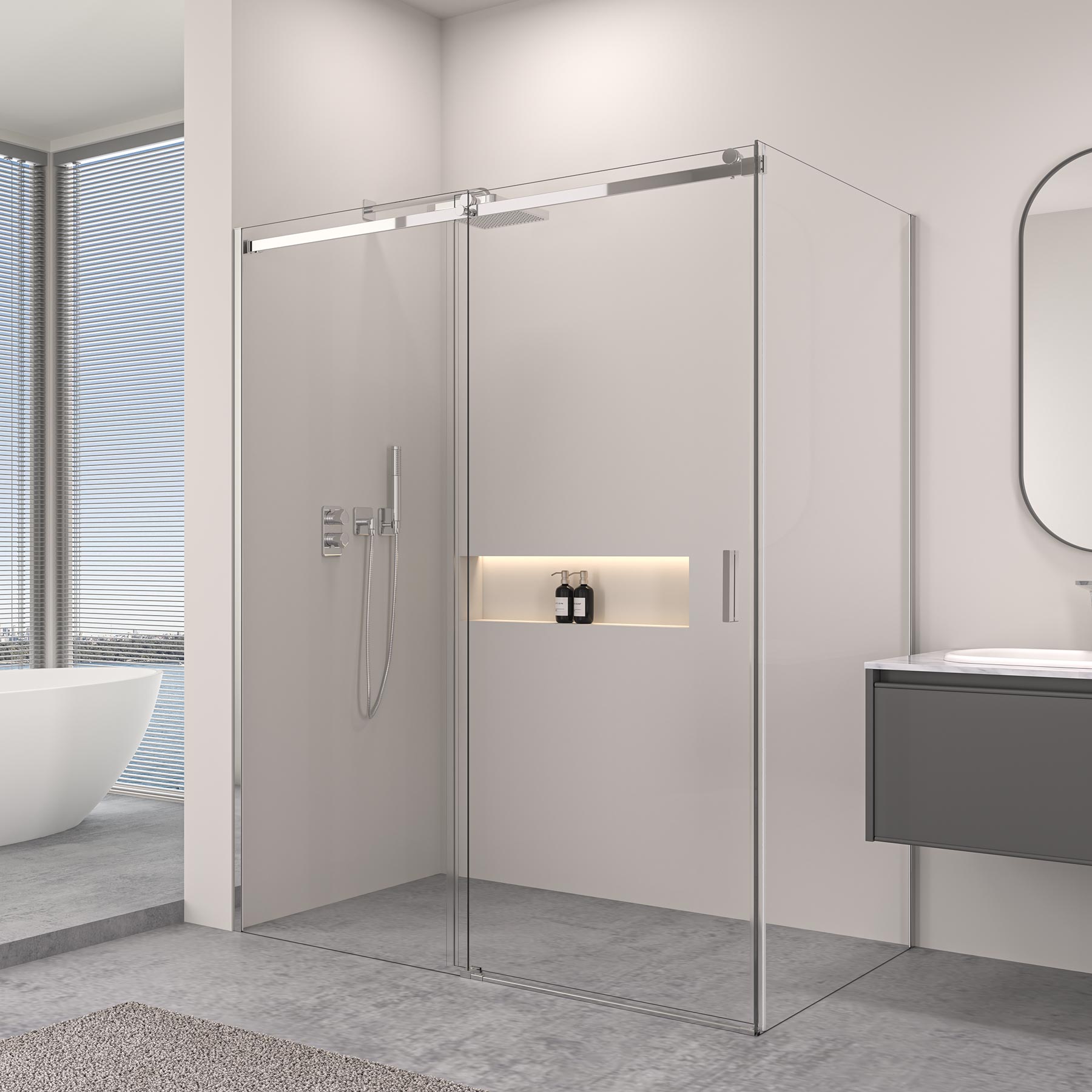 Rohová sprchová kabína s posuvnými dverami – 8 mm bezpečnostné sklo / Chrom