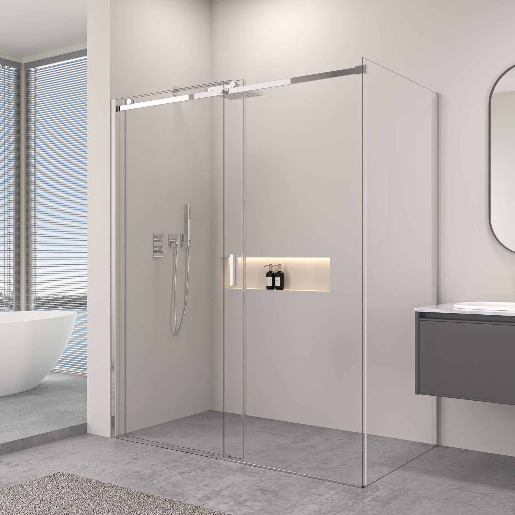 Rohová sprchová kabína s posuvnými dverami – 8 mm bezpečnostné sklo / Chrom