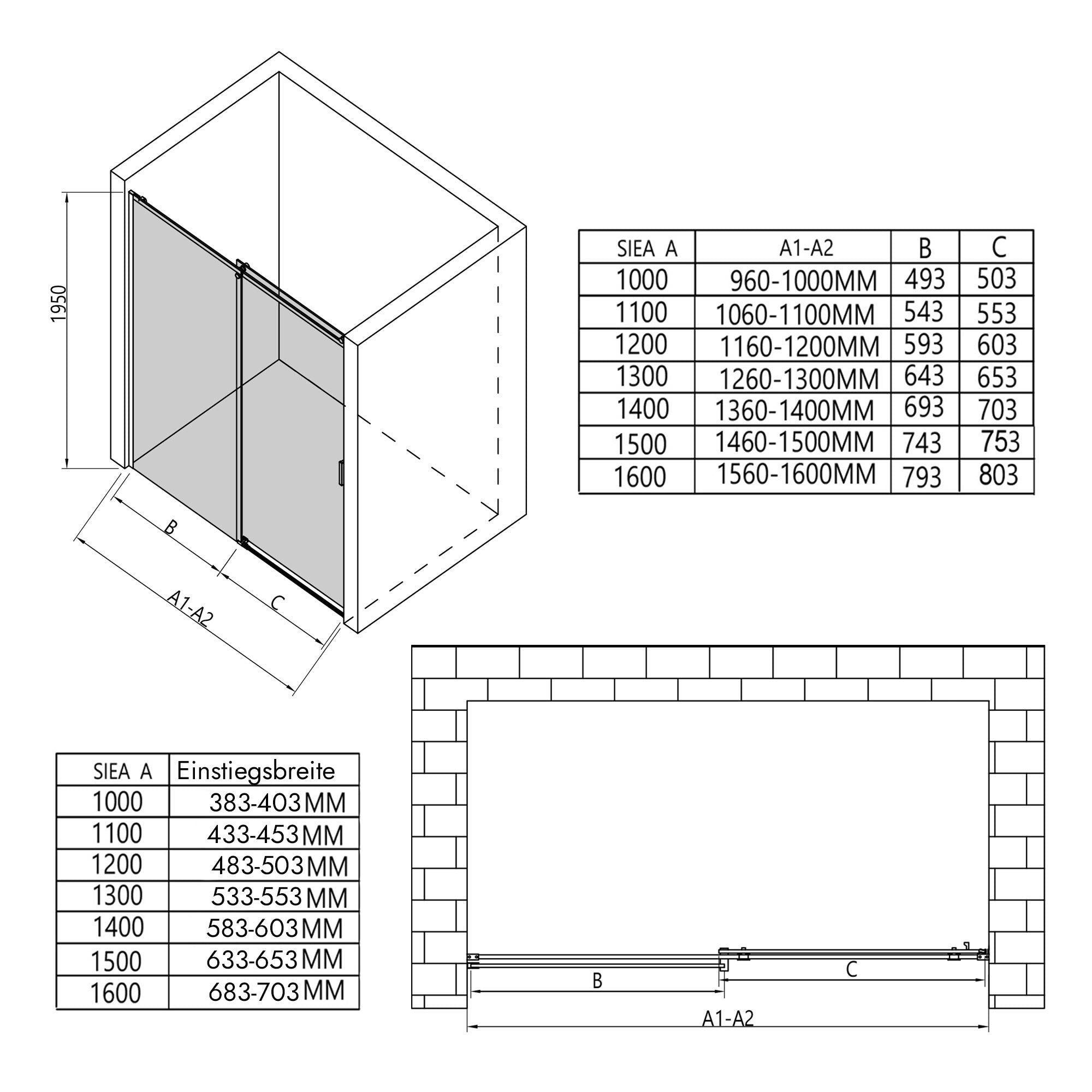 Nischendusche mit Schiebetür – 8 mm graues Sicherheitsglas / Schwarz Matt