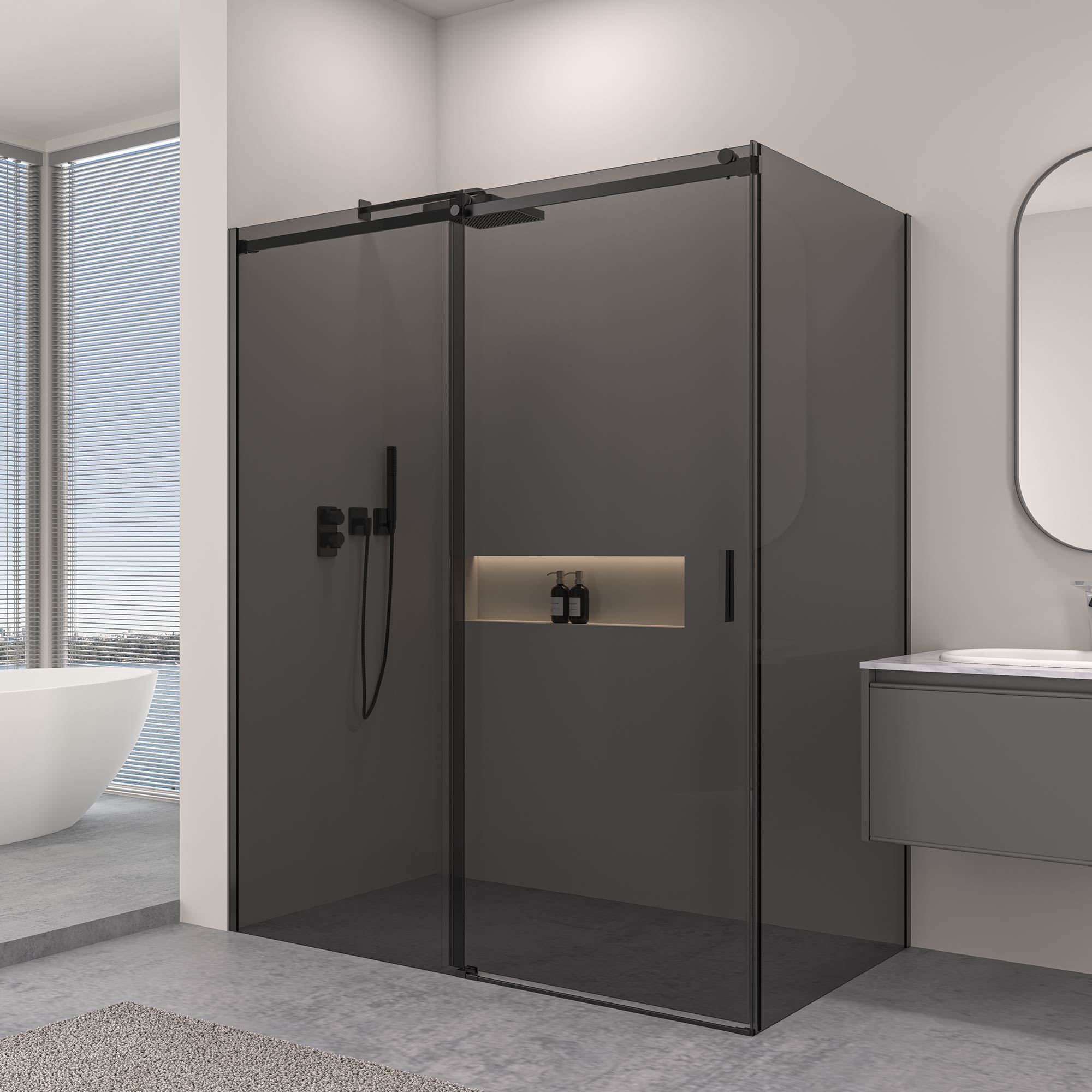 Rohová sprchová kabína s posuvnými dverami – 8 mm šedé bezpečnostné sklo / Matná čierna