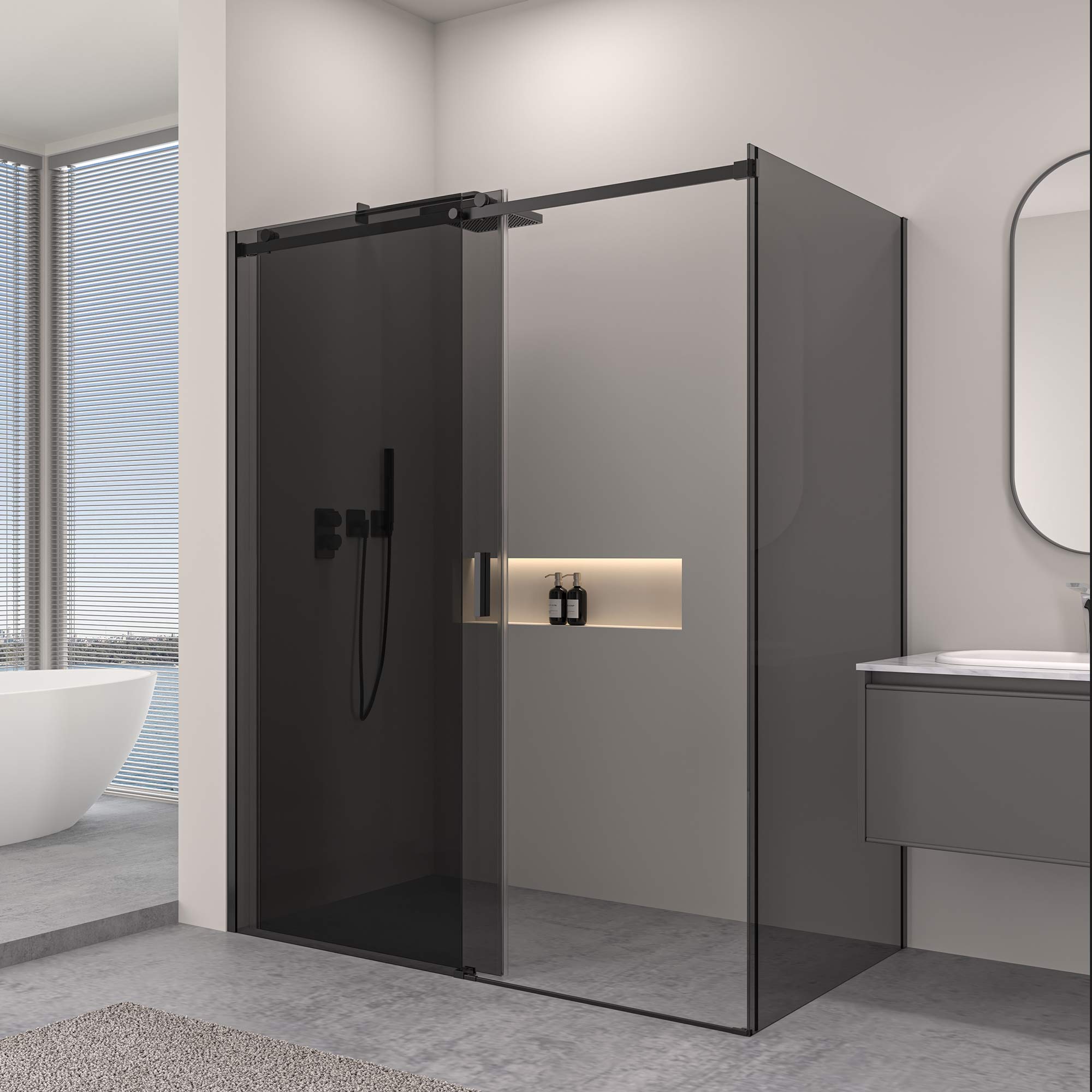 Rohová sprchová kabína s posuvnými dverami – 8 mm šedé bezpečnostné sklo / Matná čierna